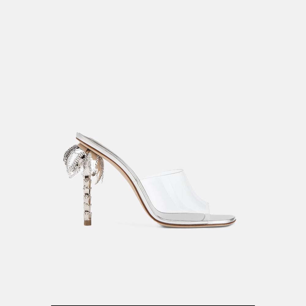 Side view of DUHA Palmira Mule transparent PVC — Italian designer sculptural heel mule