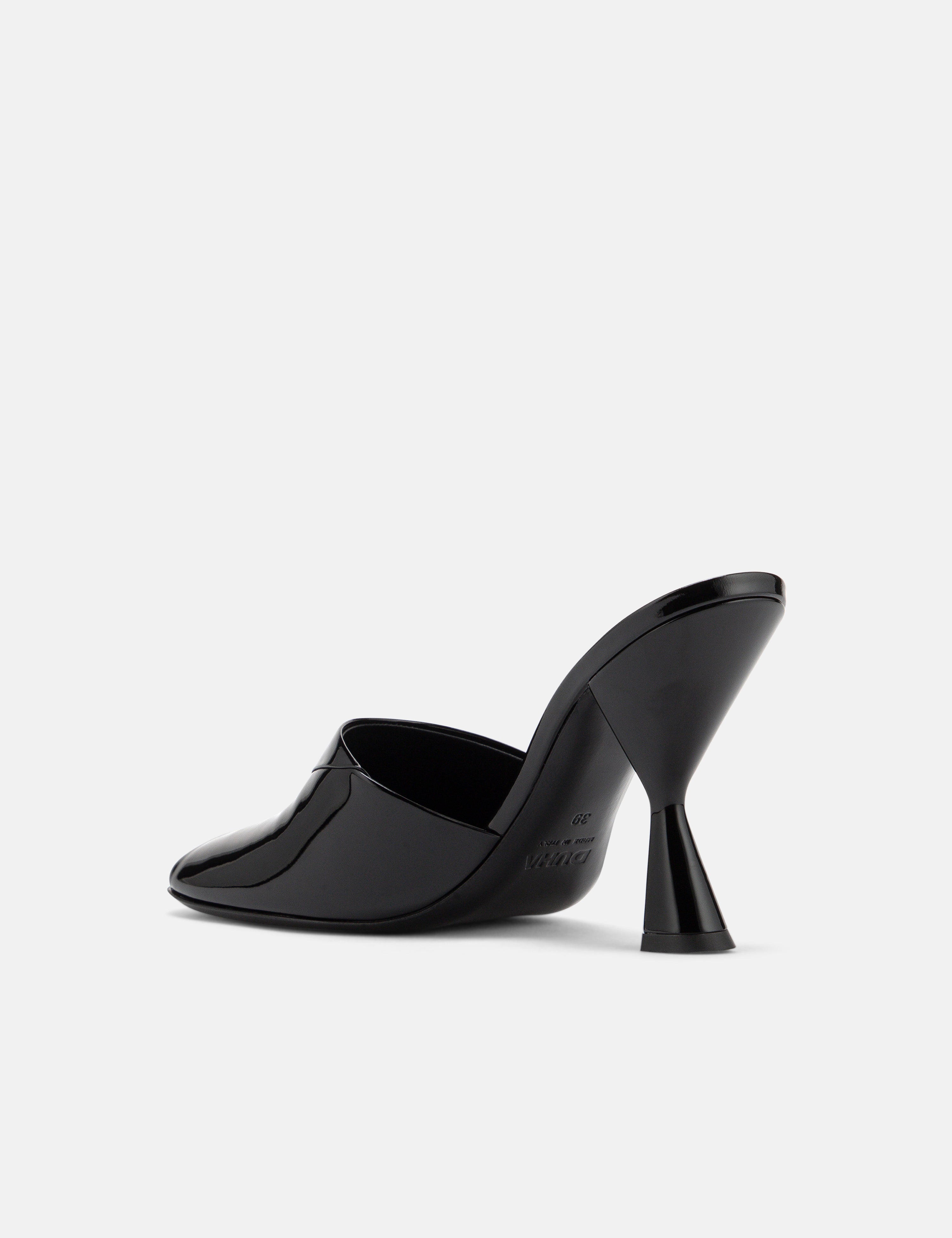 Back view of DUHA Ayn black mule showing 9cm lacquered sculptural heel