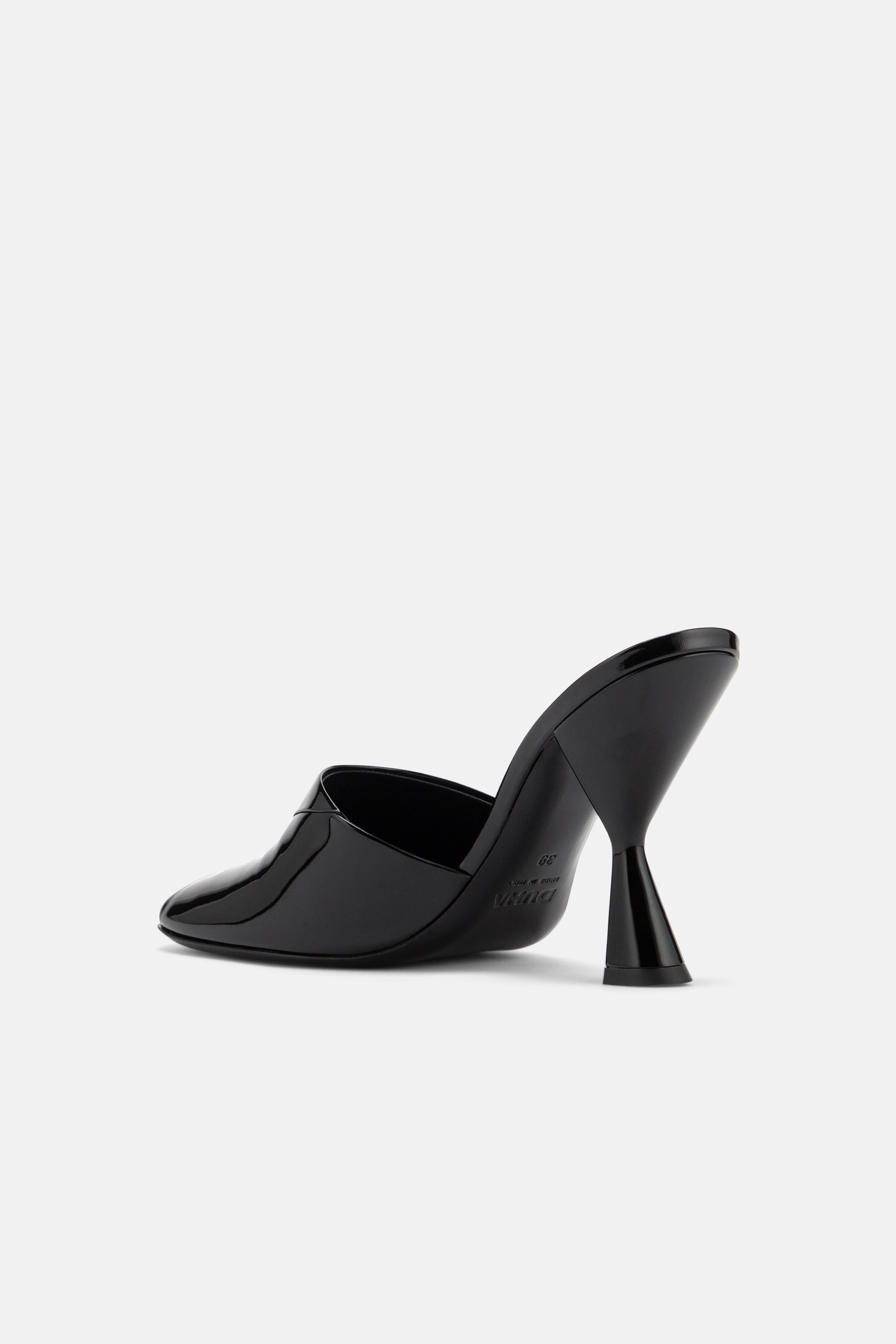 Back view of DUHA Ayn black mule showing 9cm lacquered sculptural heel