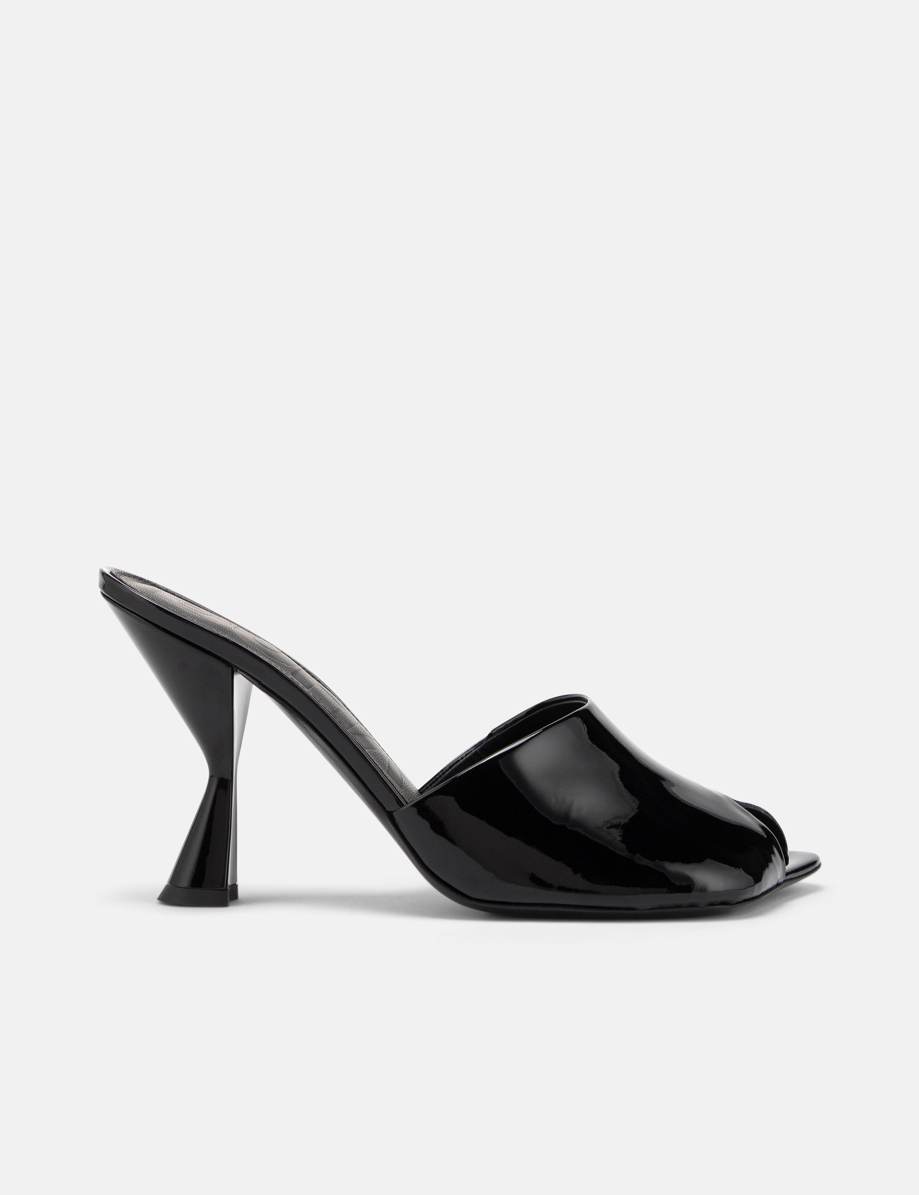 Side view of DUHA Ayn black nappa leather heeled mule — Italian designer slide