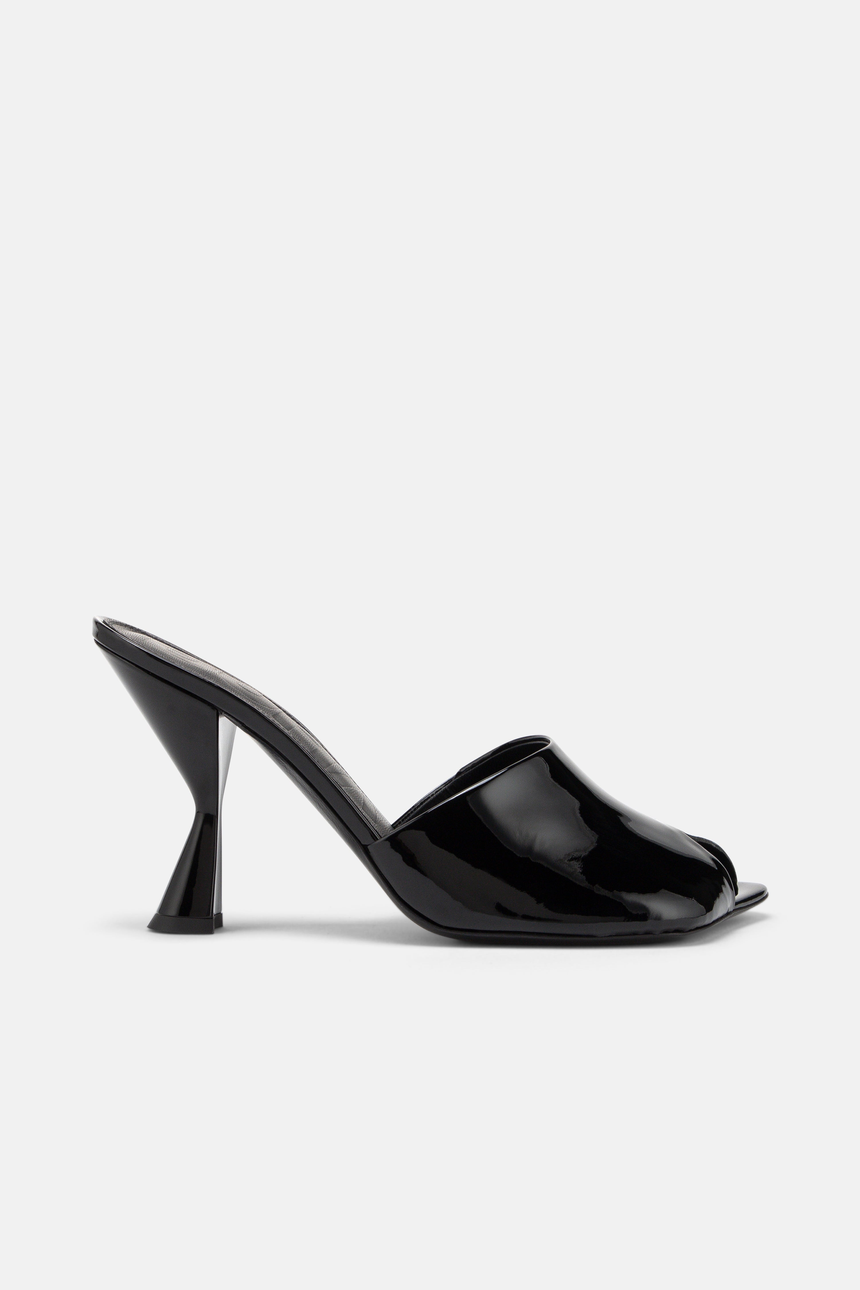 Side view of DUHA Ayn black nappa leather heeled mule — Italian designer slide