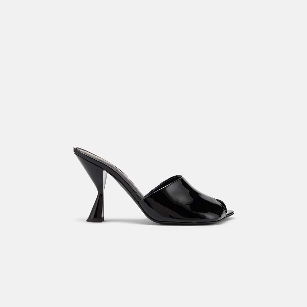 Side view of DUHA Ayn black nappa leather heeled mule — Italian designer slide