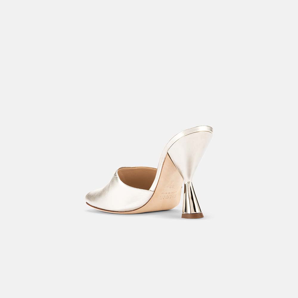 Back view of DUHA Ayn platinum mule showing 9cm lacquered sculptural heel