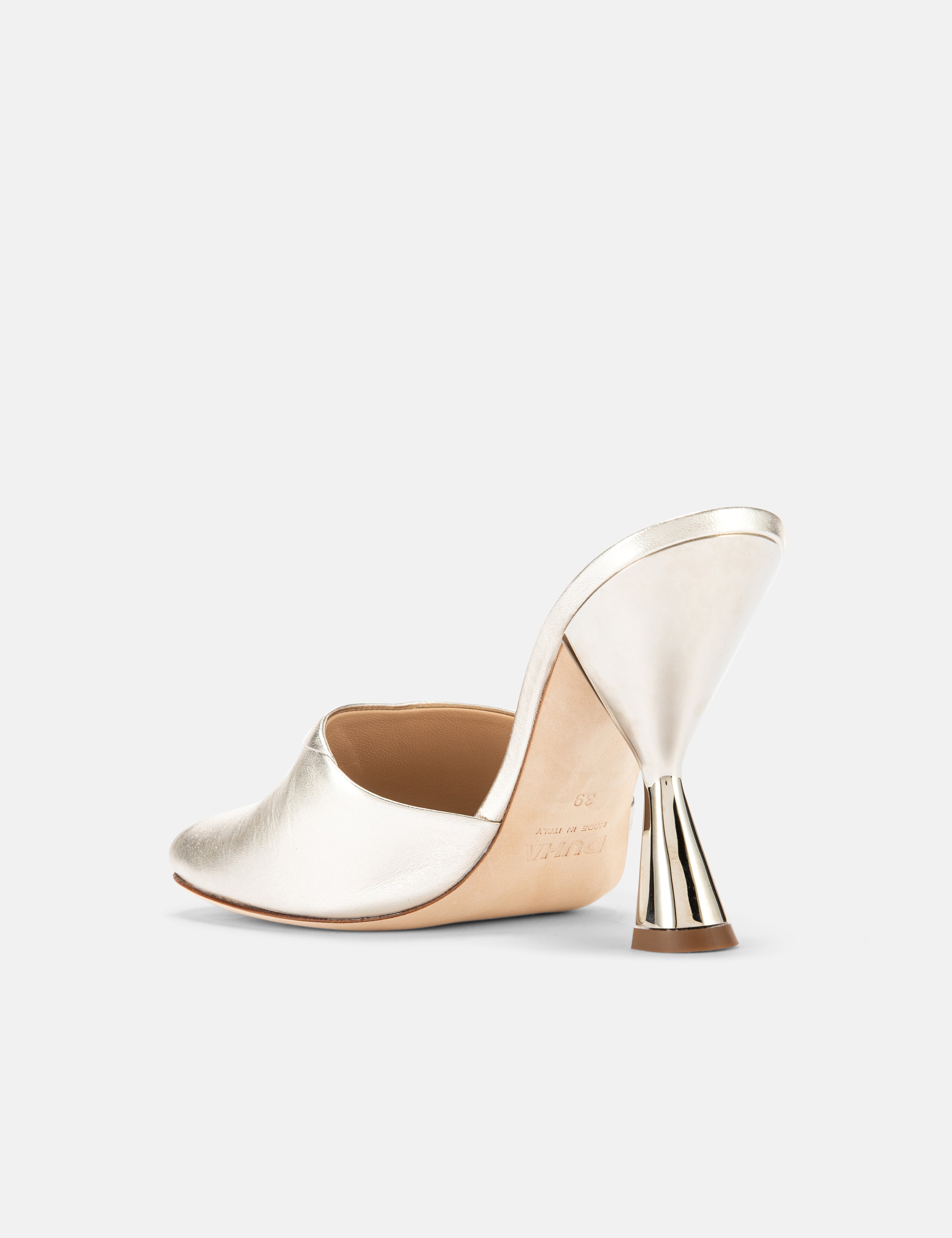 Back view of DUHA Ayn platinum mule showing 9cm lacquered sculptural heel