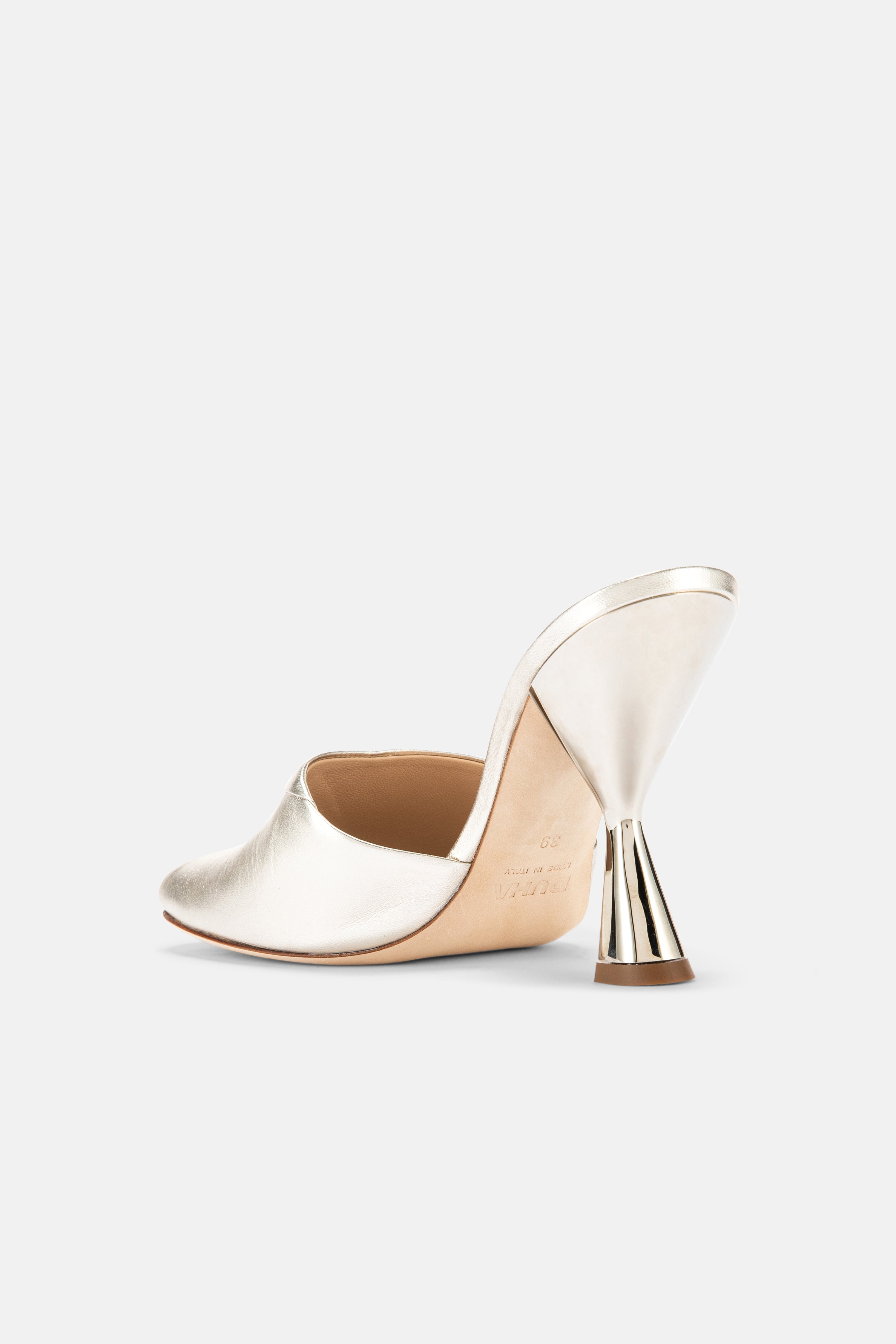 Back view of DUHA Ayn platinum mule showing 9cm lacquered sculptural heel