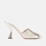 Side view of DUHA Ayn platinum nappa leather heeled mule — Italian designer slide