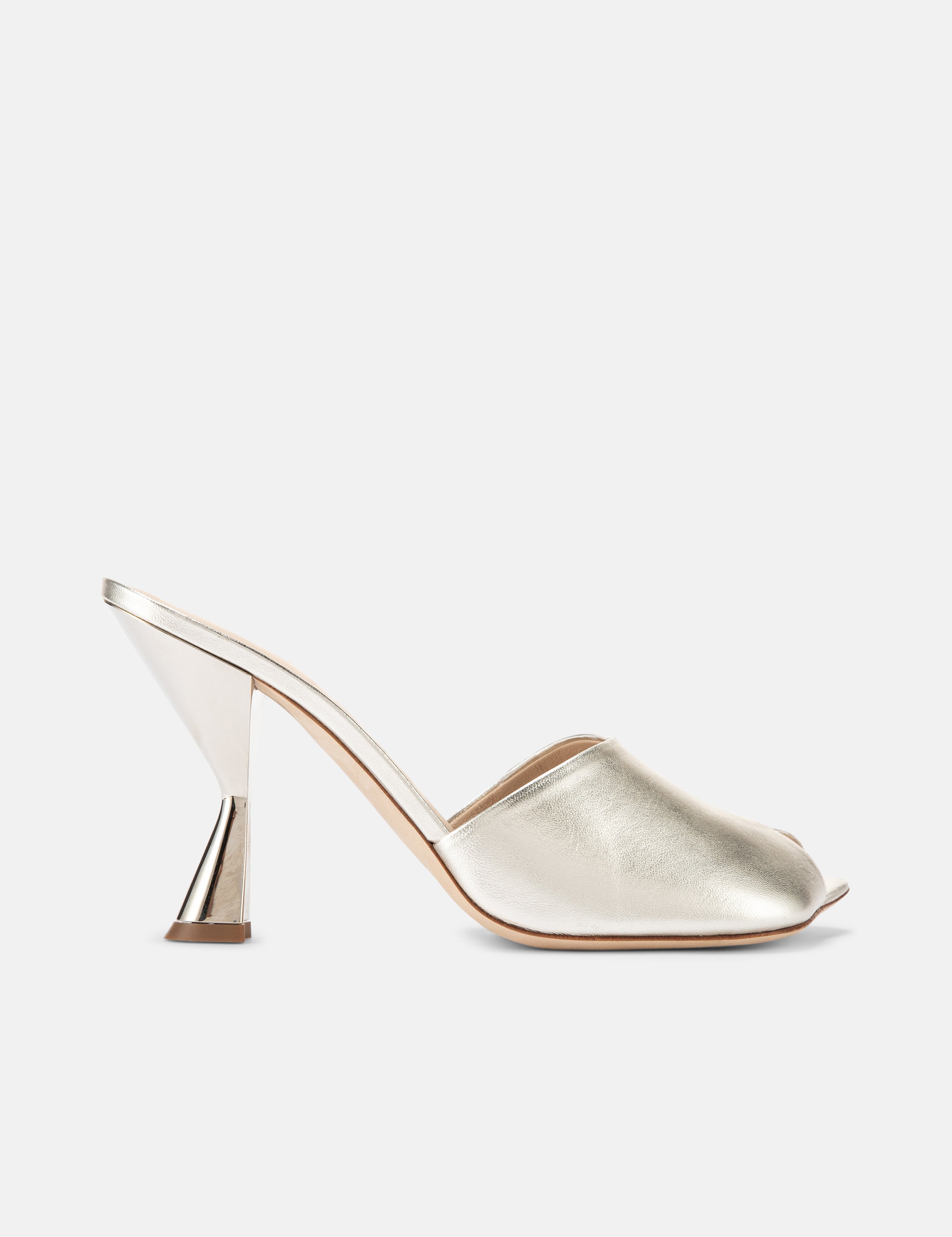 Side view of DUHA Ayn platinum nappa leather heeled mule — Italian designer slide