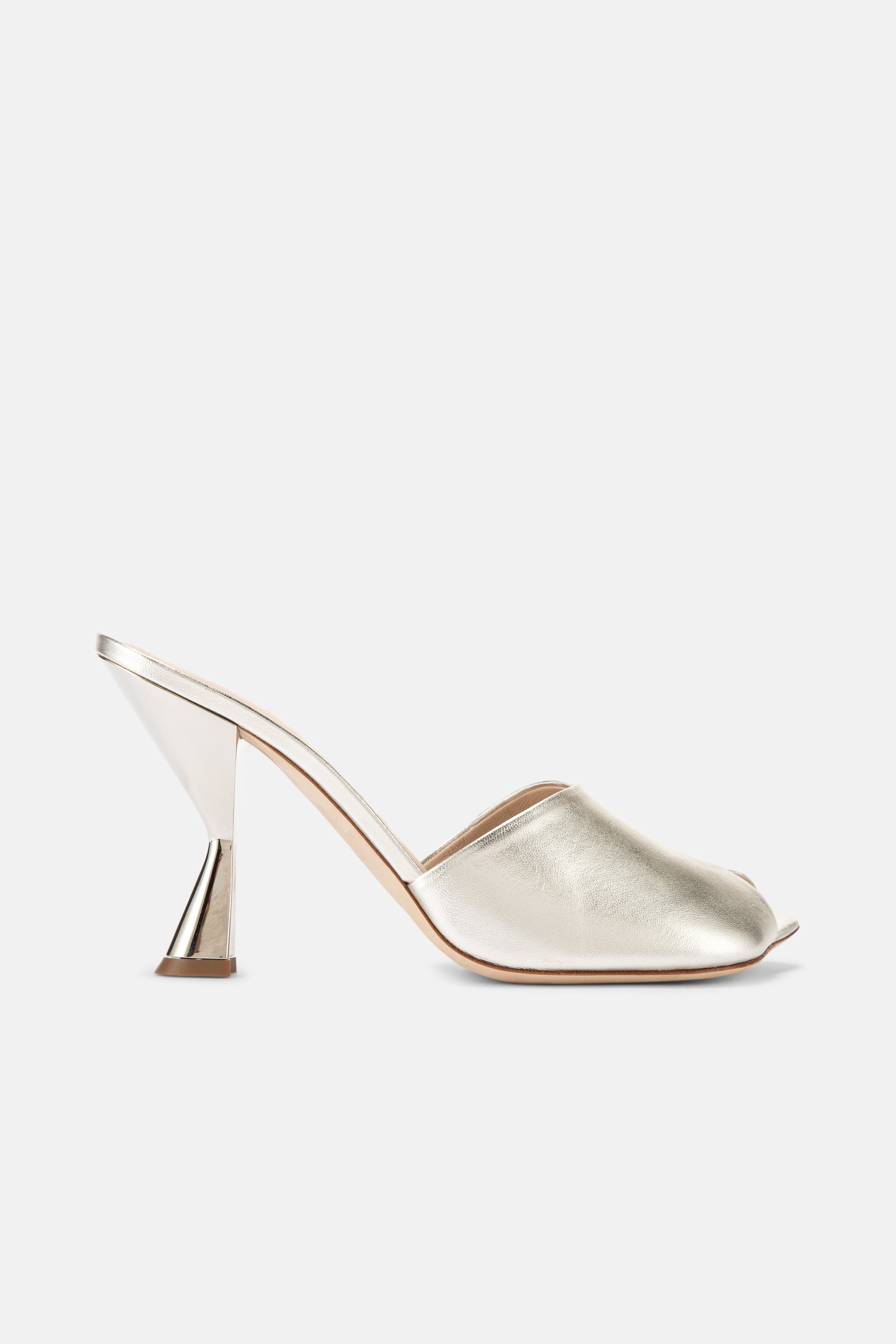Side view of DUHA Ayn platinum nappa leather heeled mule — Italian designer slide