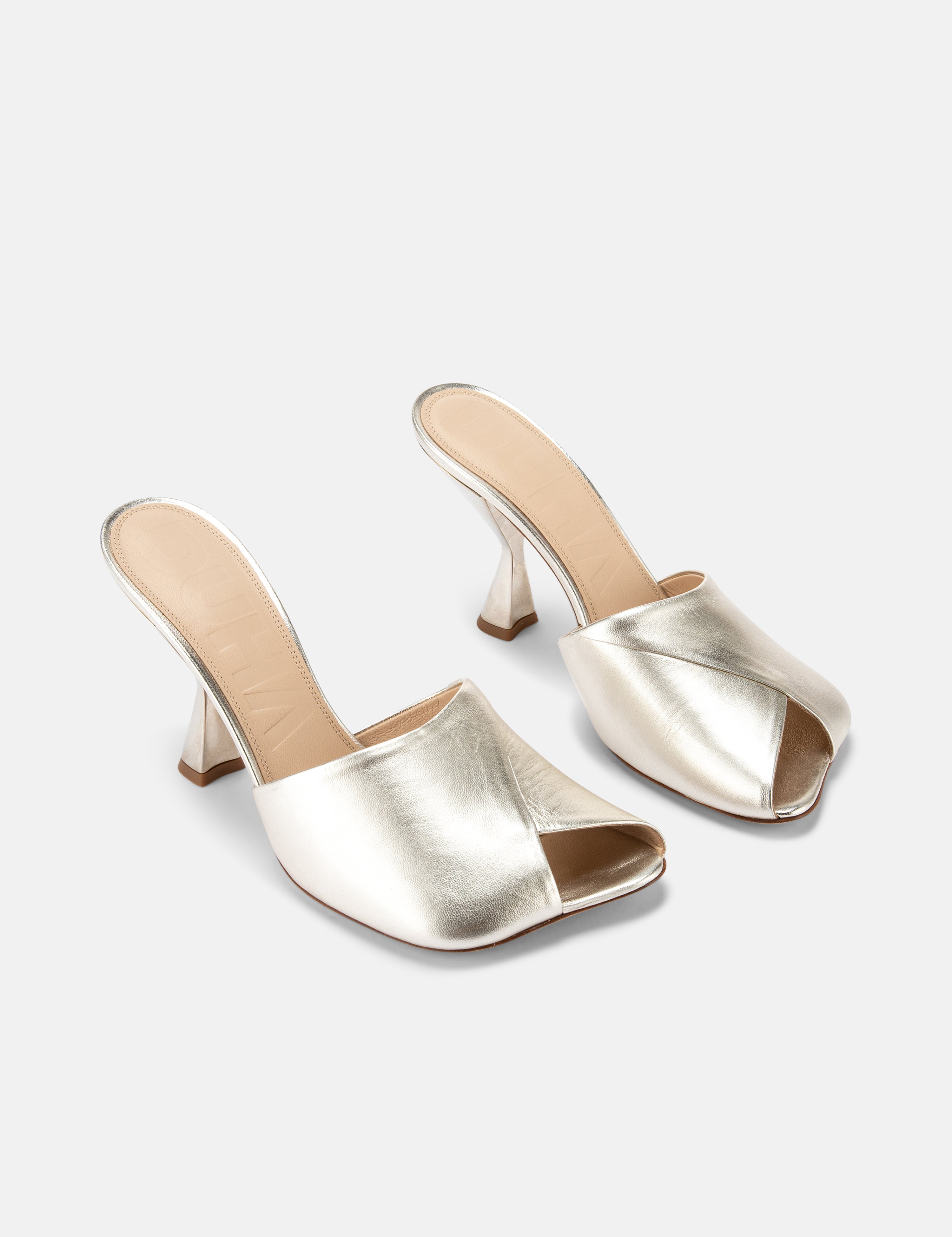 DUHA Ayn platinum nappa leather heeled mule pair — SS26 City Oasis collection