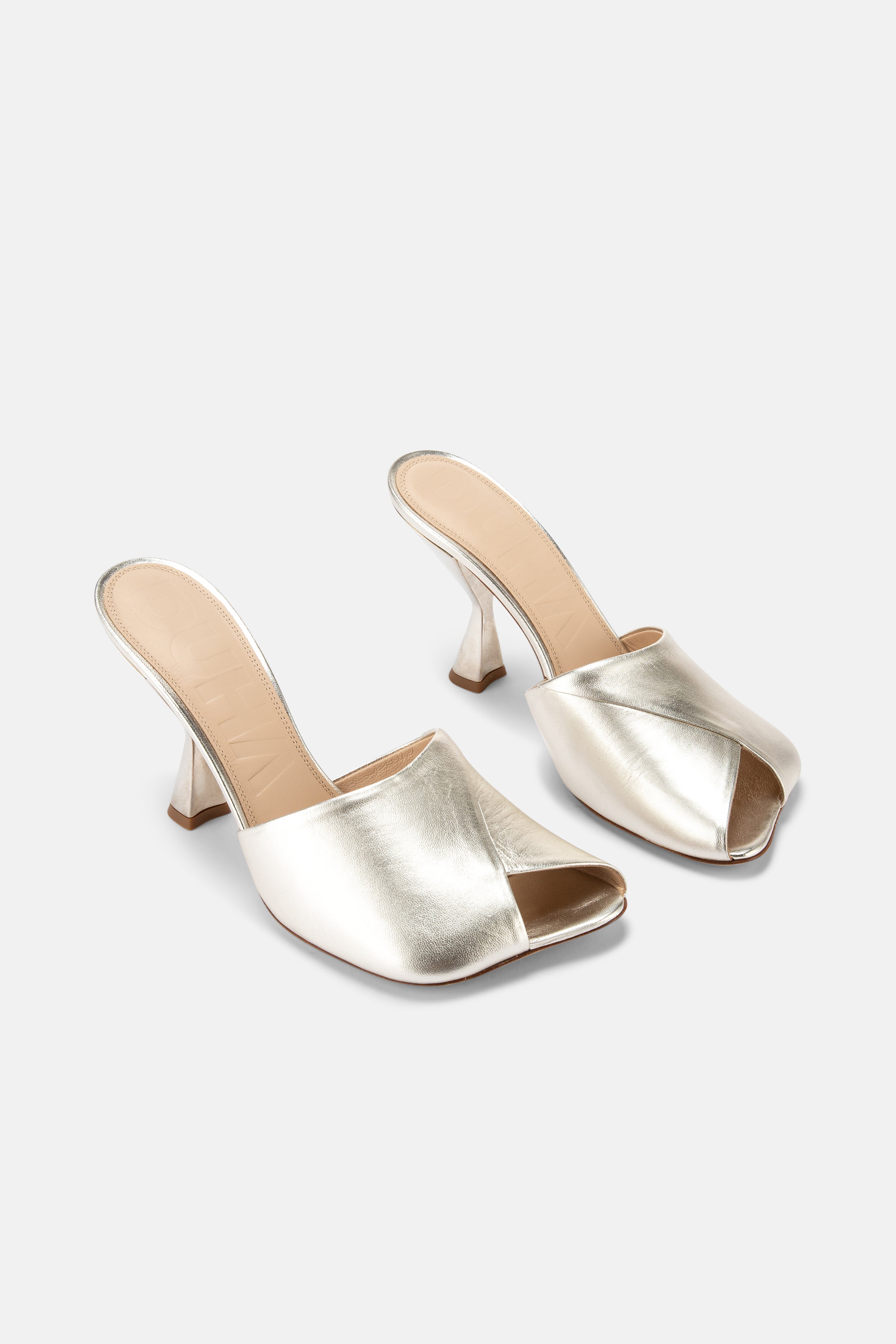 DUHA Ayn platinum nappa leather heeled mule pair — SS26 City Oasis collection