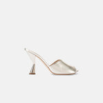 Side view of DUHA Ayn platinum nappa leather heeled mule — Italian designer slide