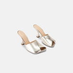 DUHA Ayn platinum nappa leather heeled mule pair — SS26 City Oasis collection