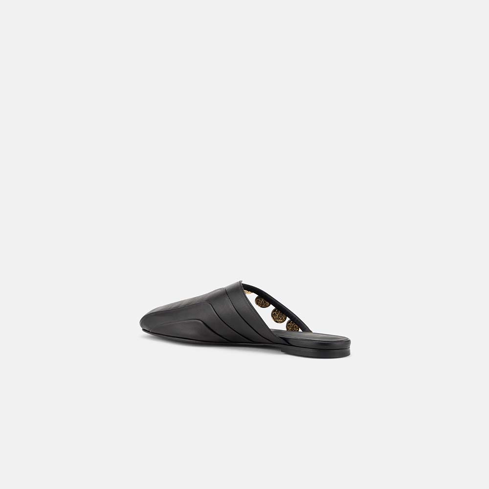 Back view of DUHA Beya Lira black flat mule showing pleated upper detail