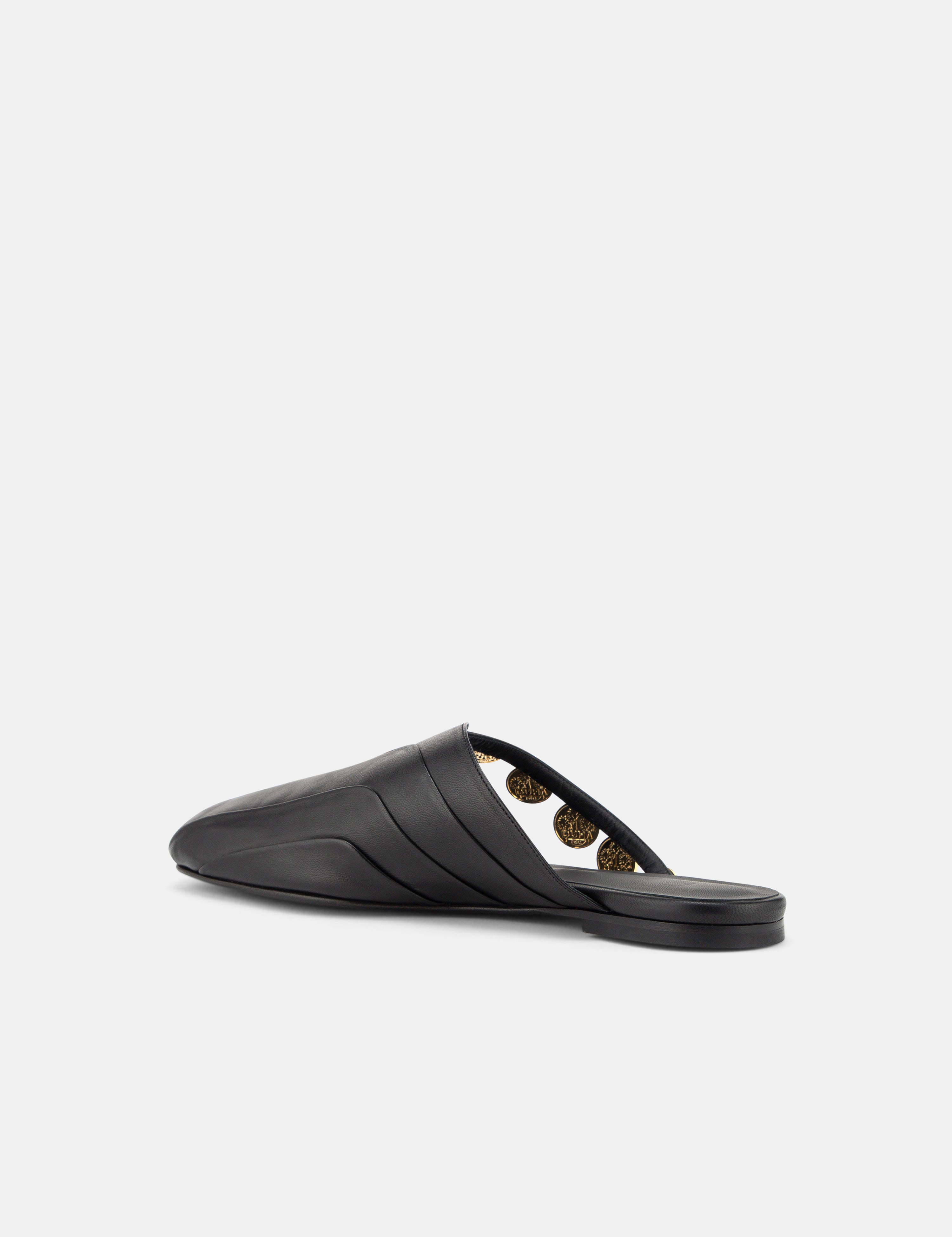 Back view of DUHA Beya Lira black flat mule showing pleated upper detail