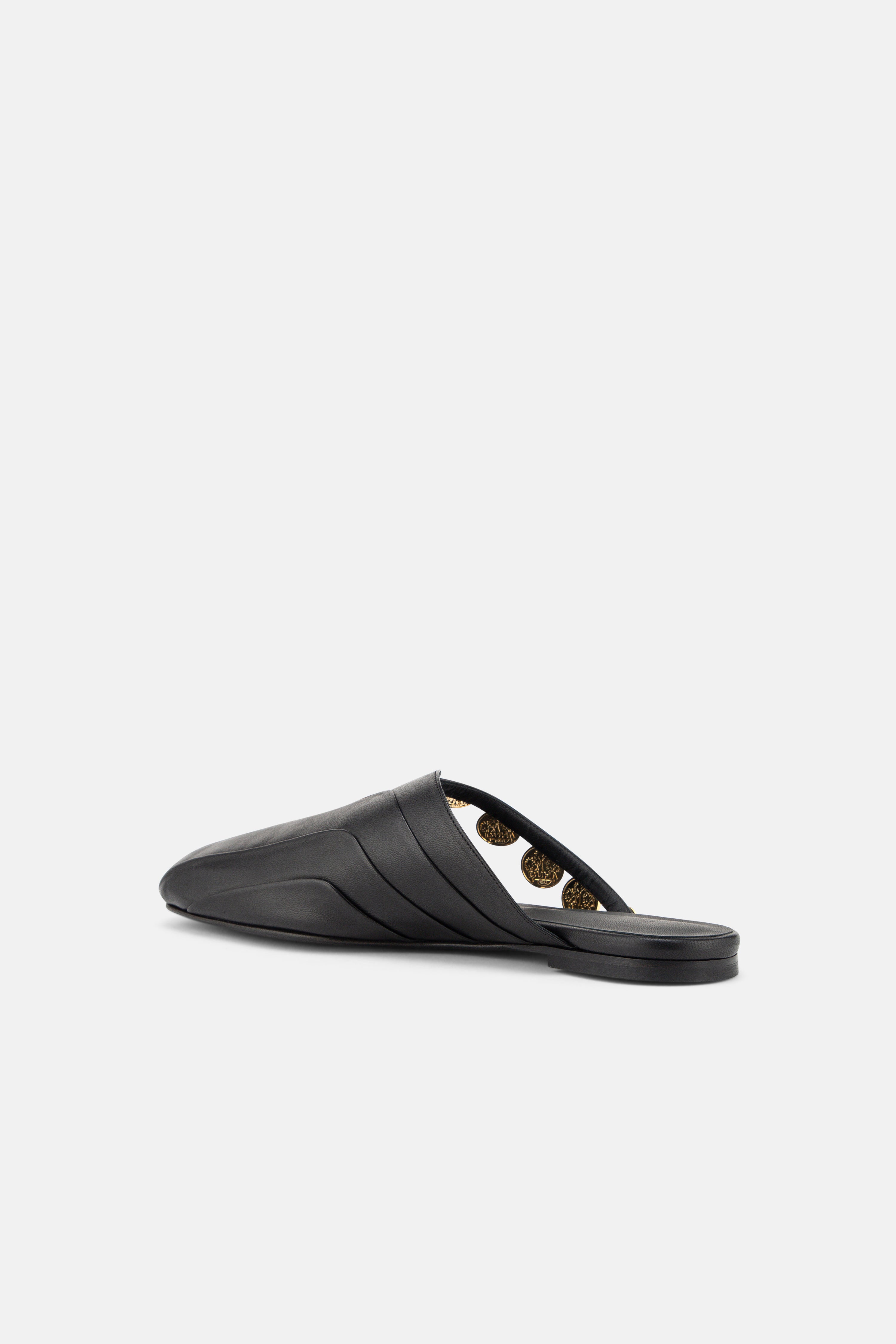 Back view of DUHA Beya Lira black flat mule showing pleated upper detail