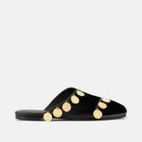 Side view of DUHA Beya Lira black coin-embellished flat mule — Made in Italy
