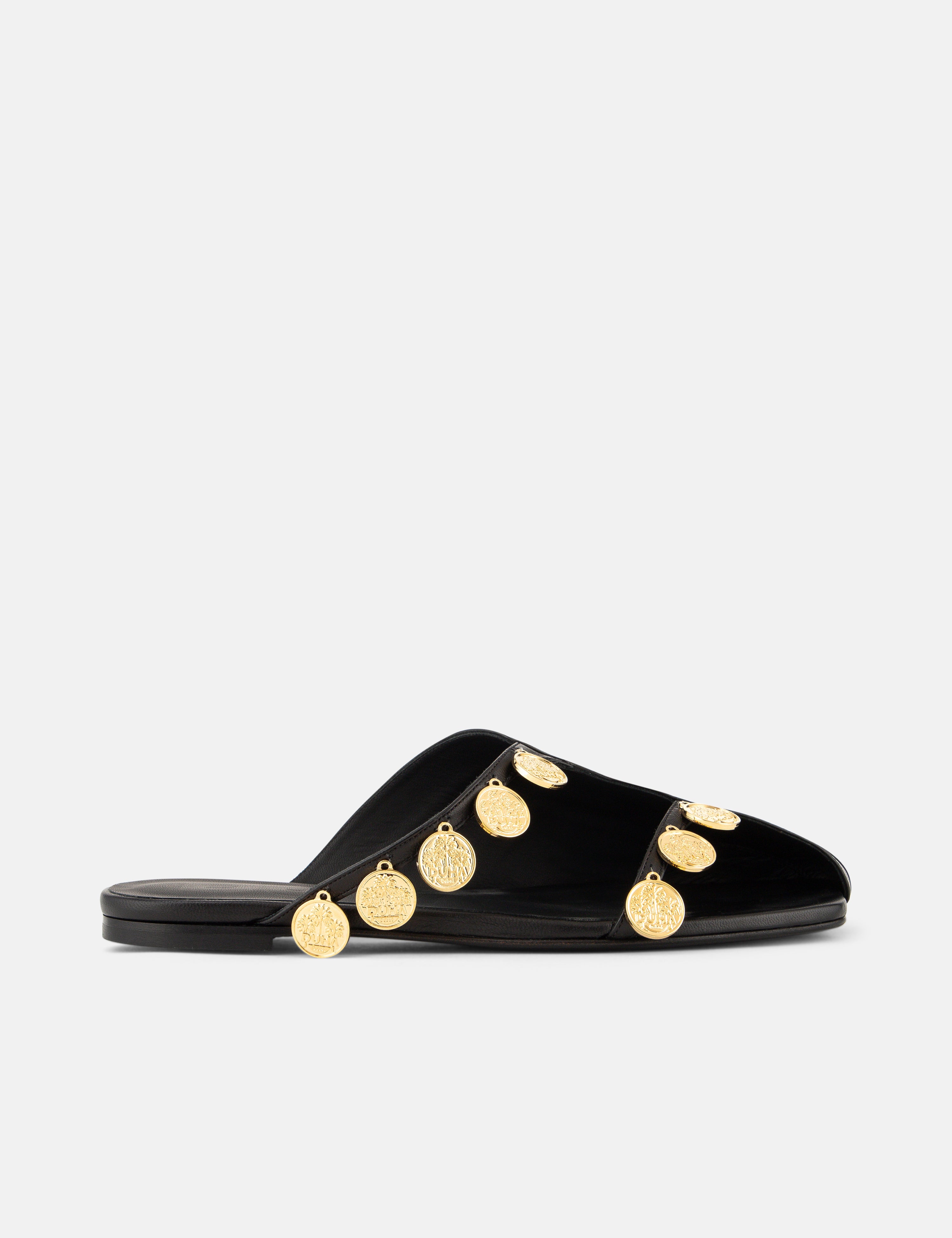 Side view of DUHA Beya Lira black coin-embellished flat mule — Made in Italy