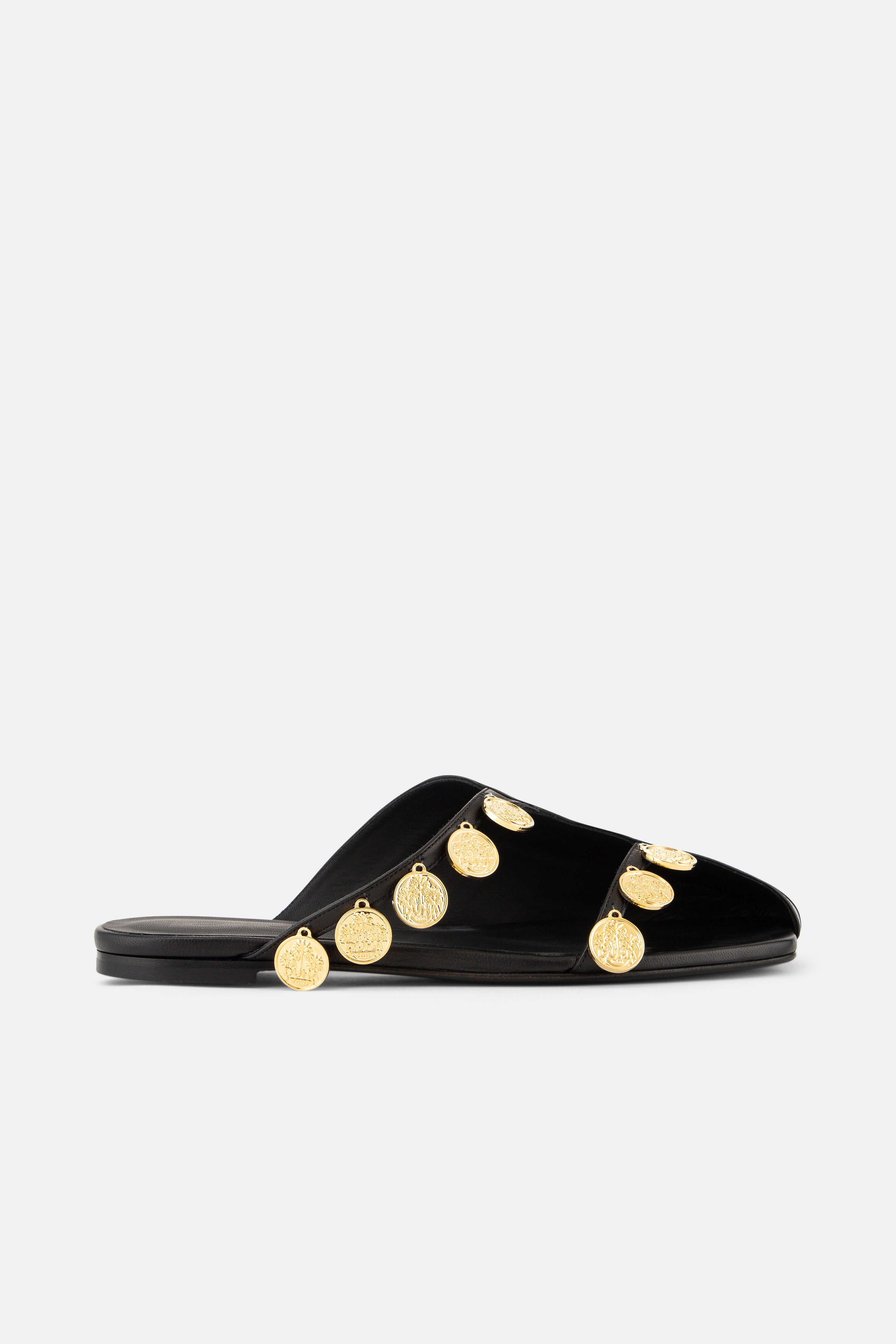 Side view of DUHA Beya Lira black coin-embellished flat mule — Made in Italy