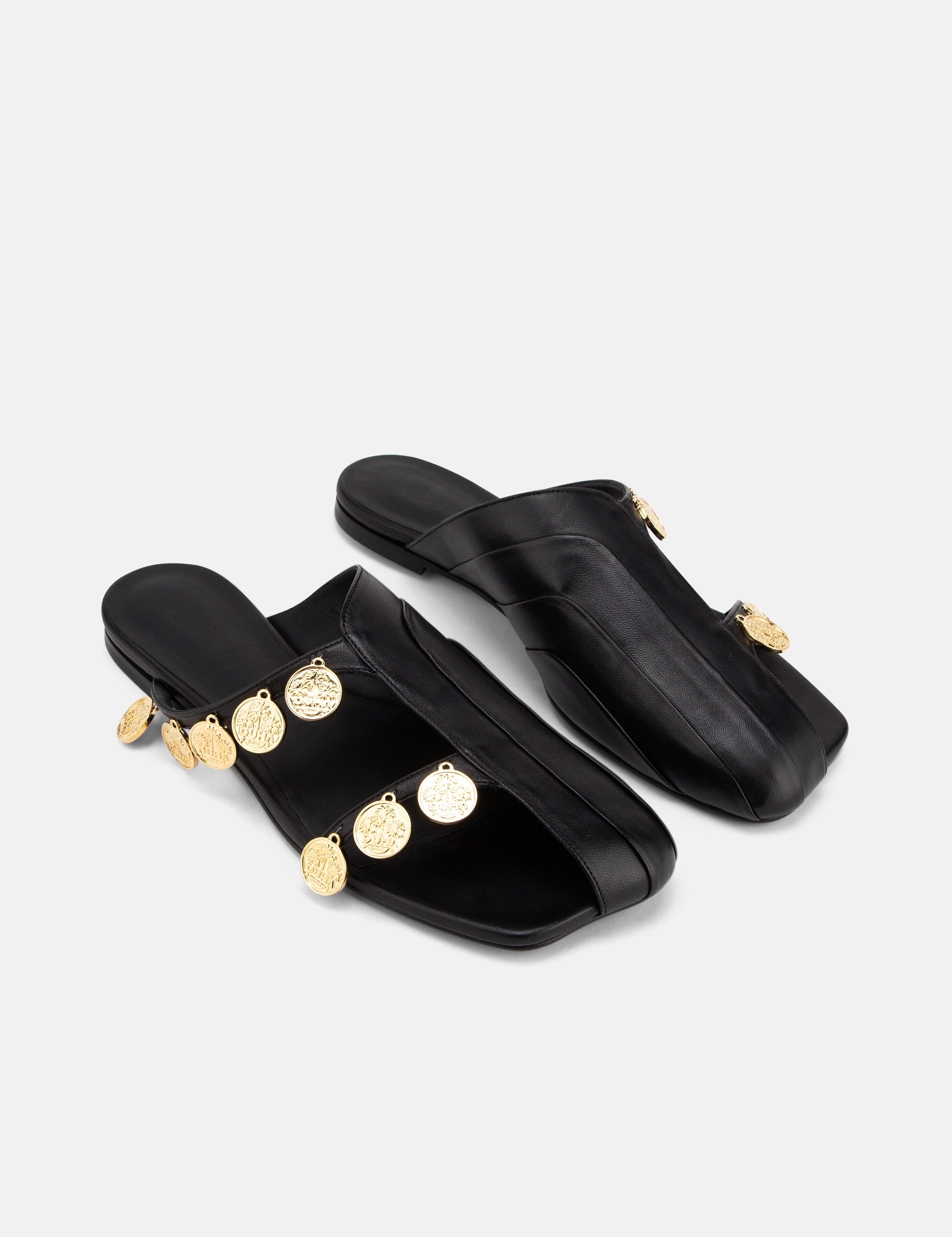 DUHA Beya Lira black coin flat mule pair — SS26 City Oasis collection