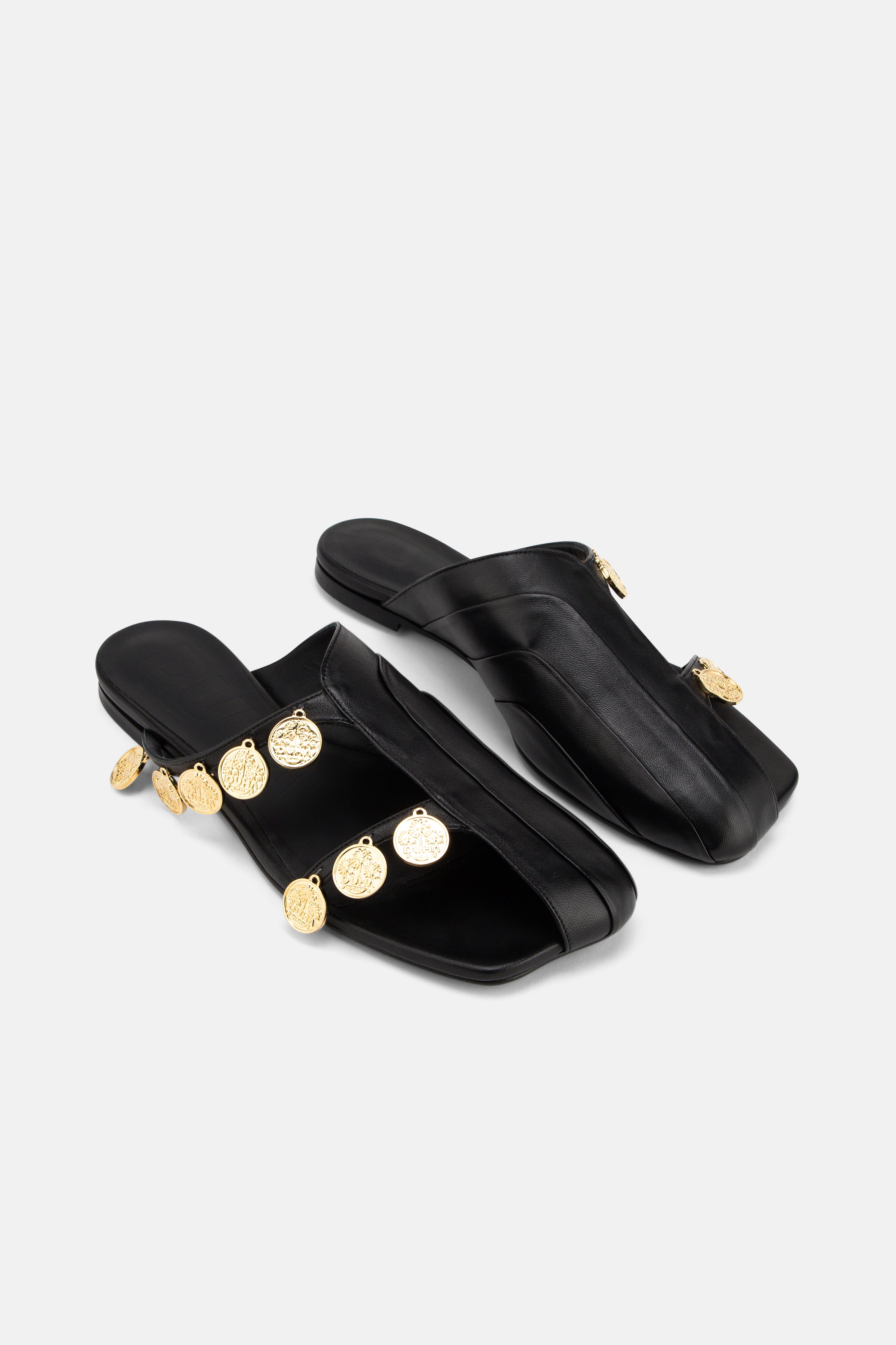 DUHA Beya Lira black coin flat mule pair — SS26 City Oasis collection
