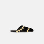 Side view of DUHA Beya Lira black coin-embellished flat mule — Made in Italy