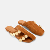 DUHA Beya Lira caramel suede coin flat mule pair — SS26 City Oasis collection