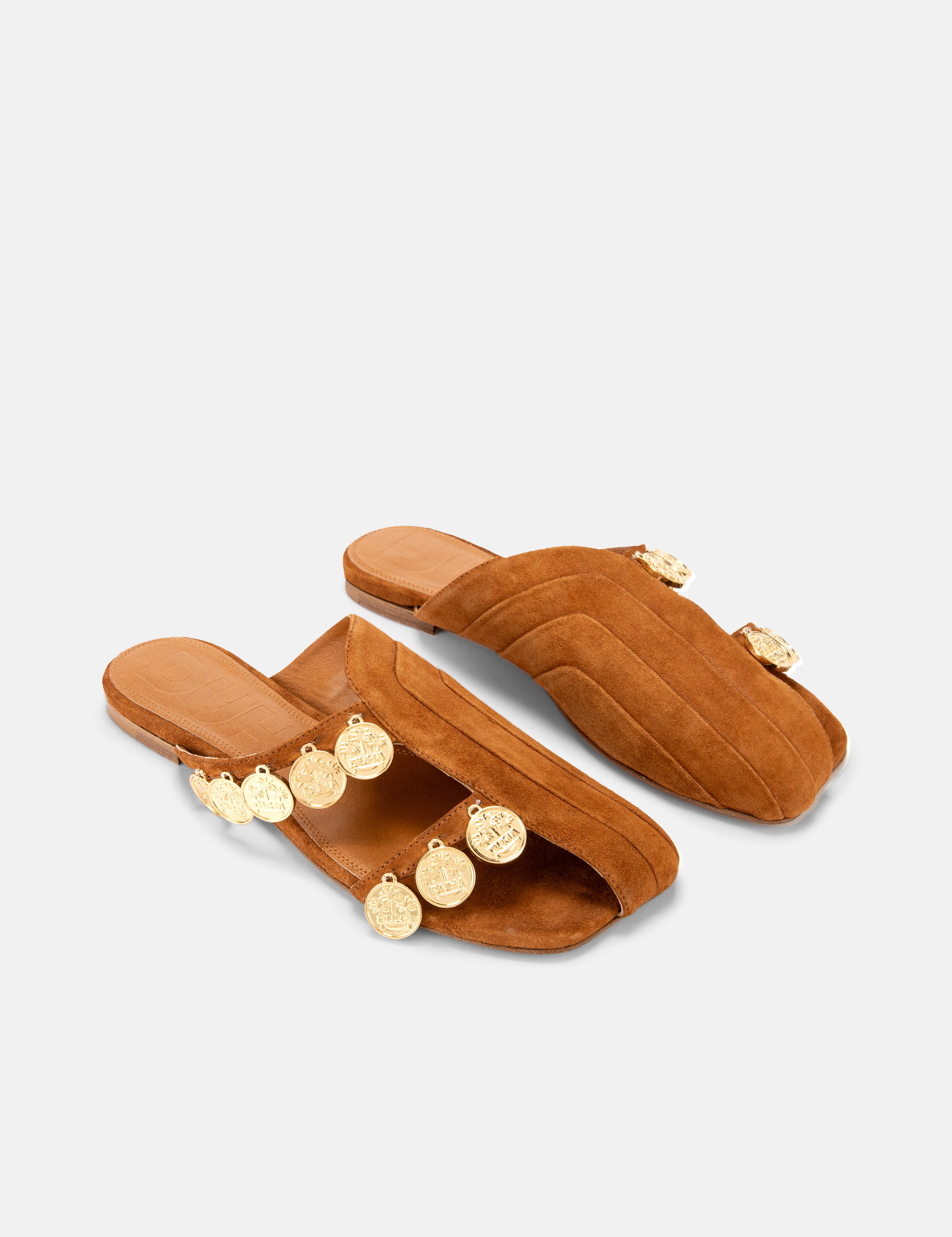 DUHA Beya Lira caramel suede coin flat mule pair — SS26 City Oasis collection