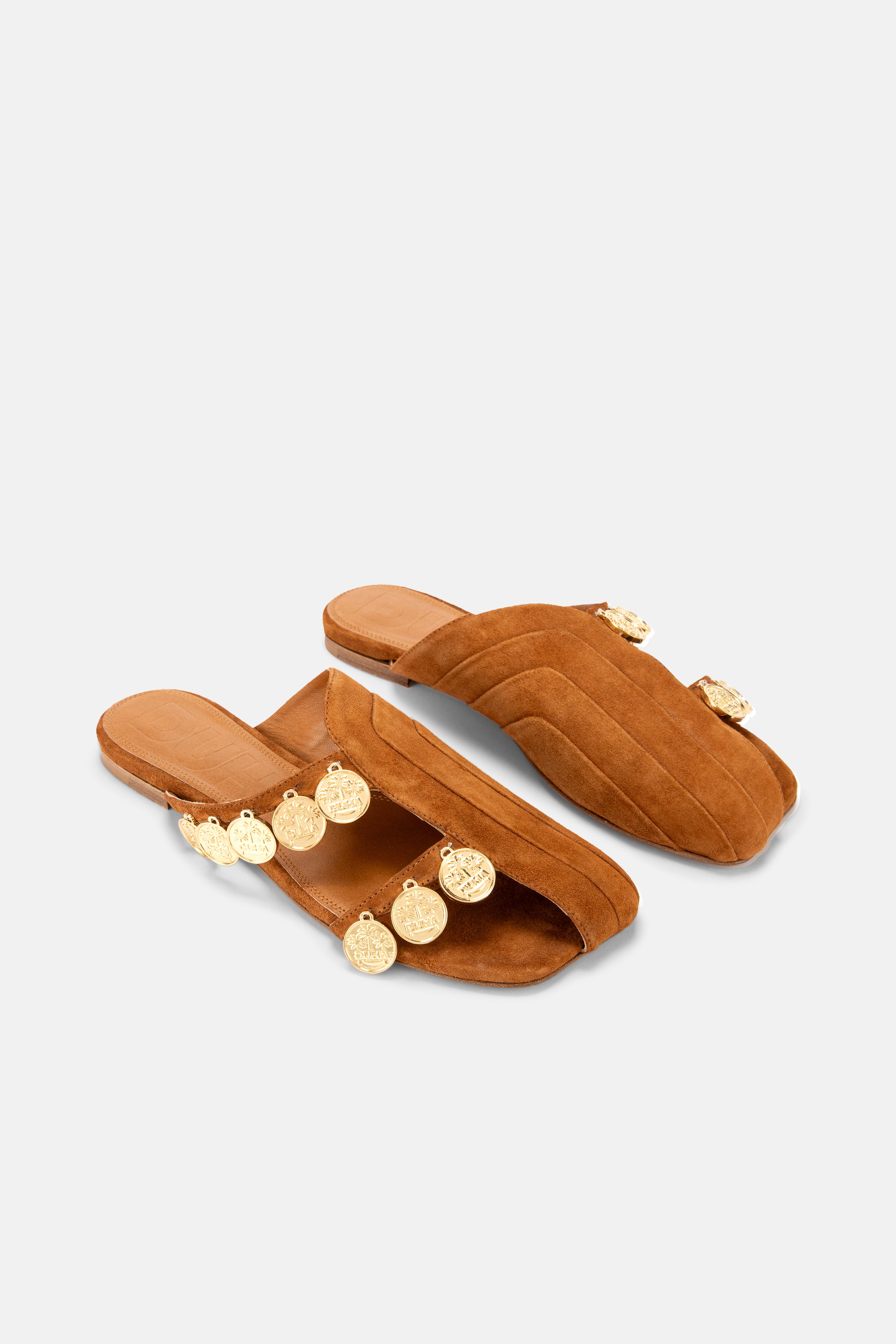 DUHA Beya Lira caramel suede coin flat mule pair — SS26 City Oasis collection
