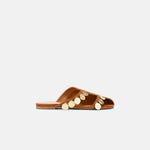 Side view of DUHA Beya Lira caramel suede coin-embellished flat mule