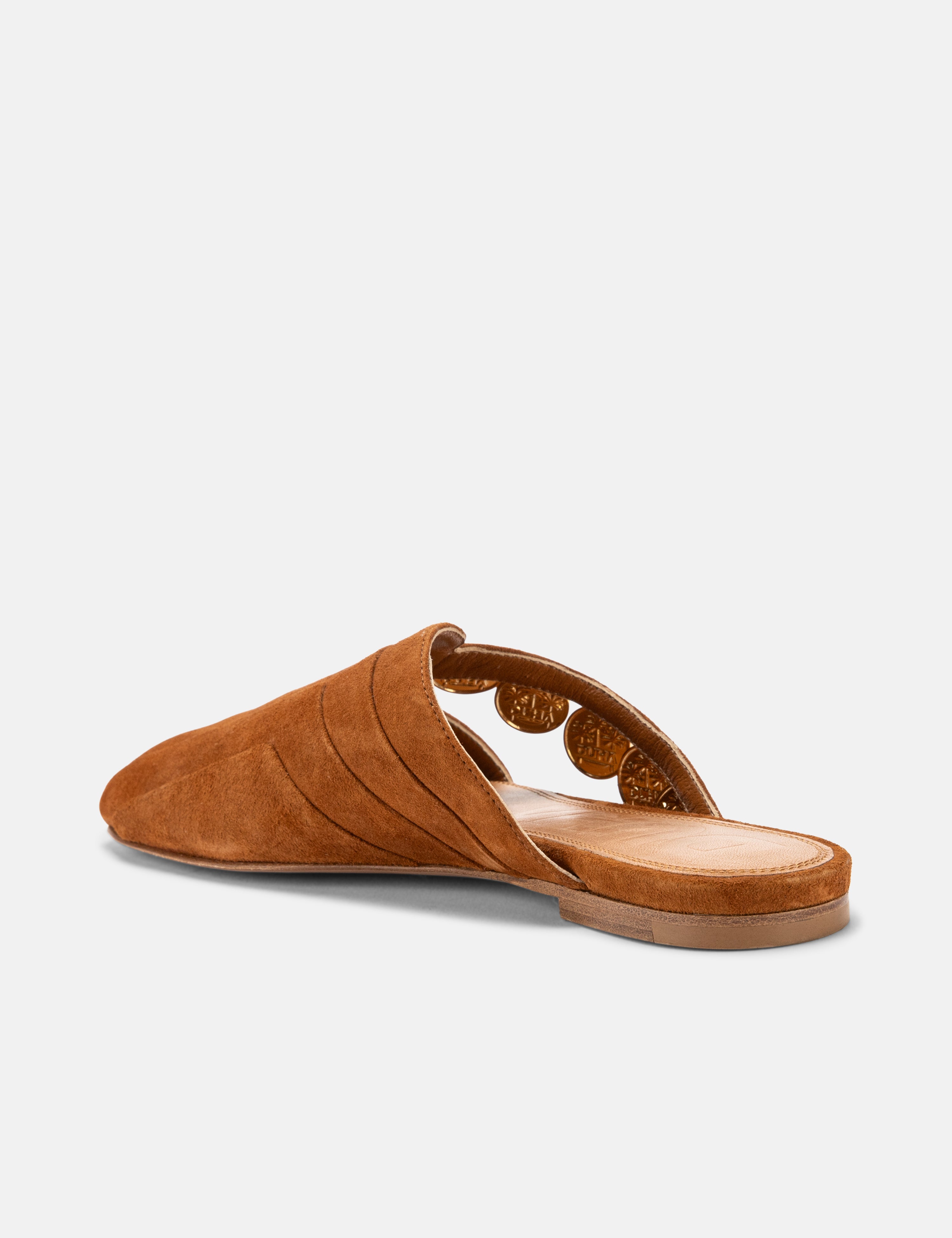 Back view of DUHA Beya Lira caramel mule showing pleated crossover strap