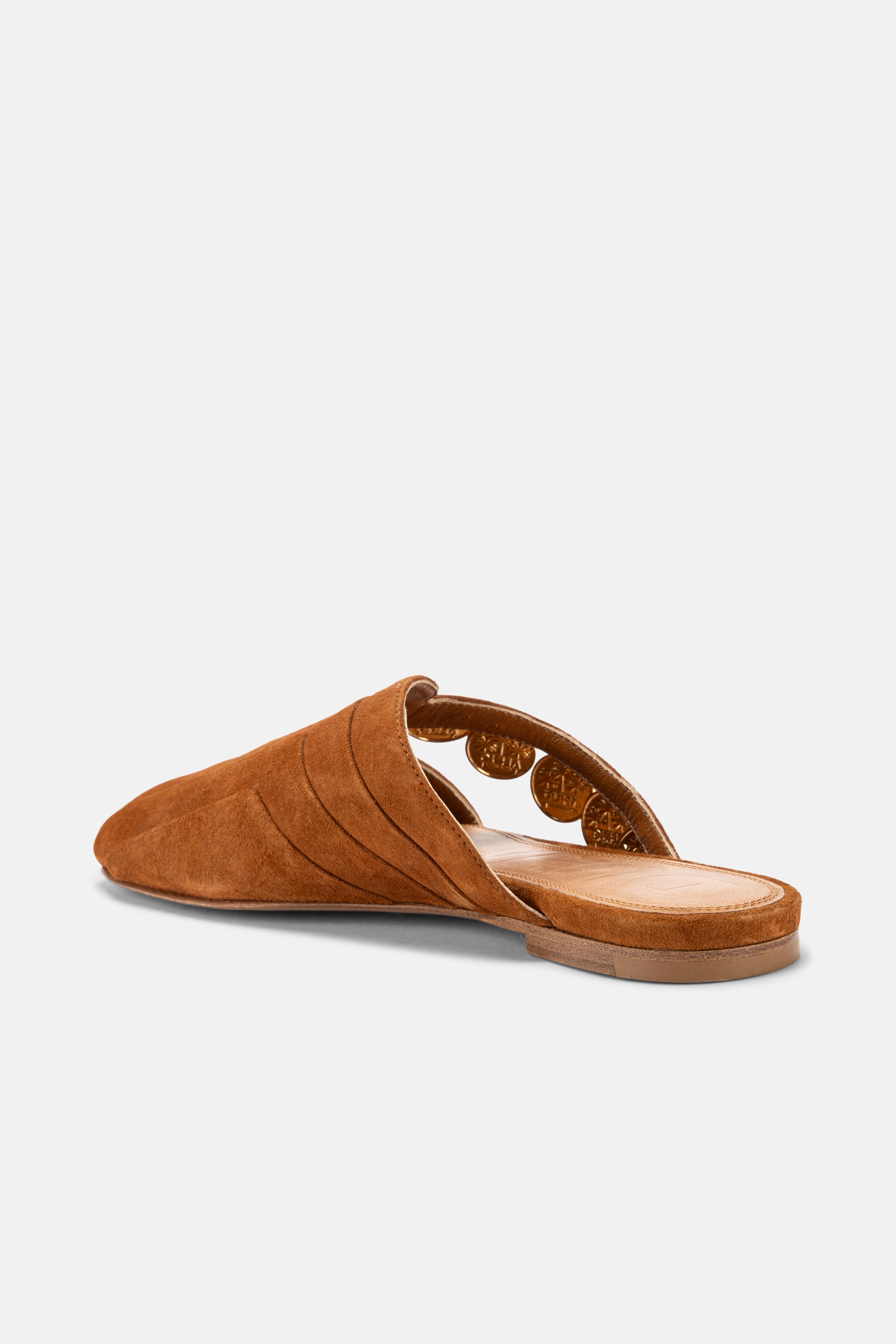 Back view of DUHA Beya Lira caramel mule showing pleated crossover strap