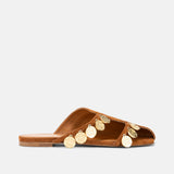 Side view of DUHA Beya Lira caramel suede coin-embellished flat mule
