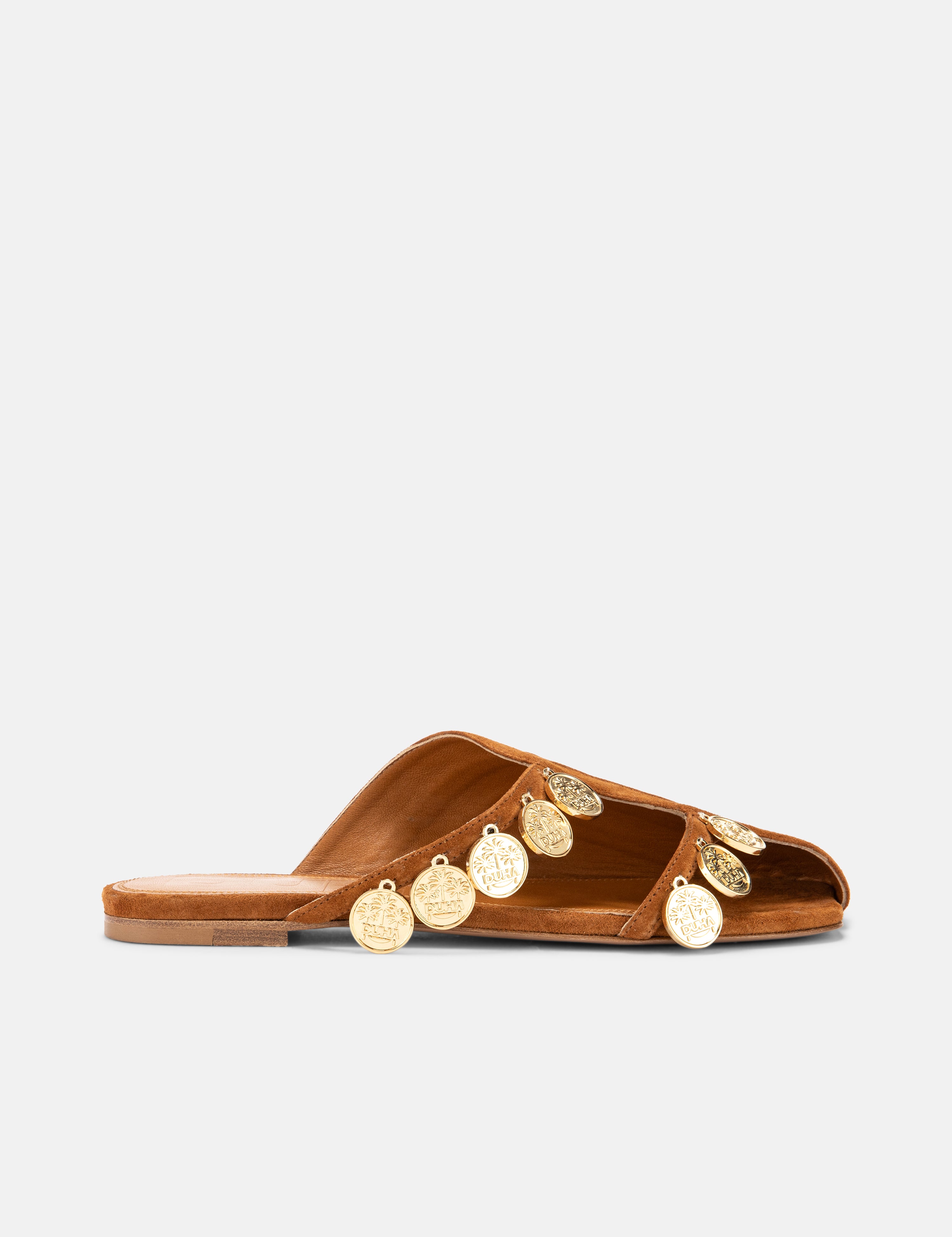 Side view of DUHA Beya Lira caramel suede coin-embellished flat mule