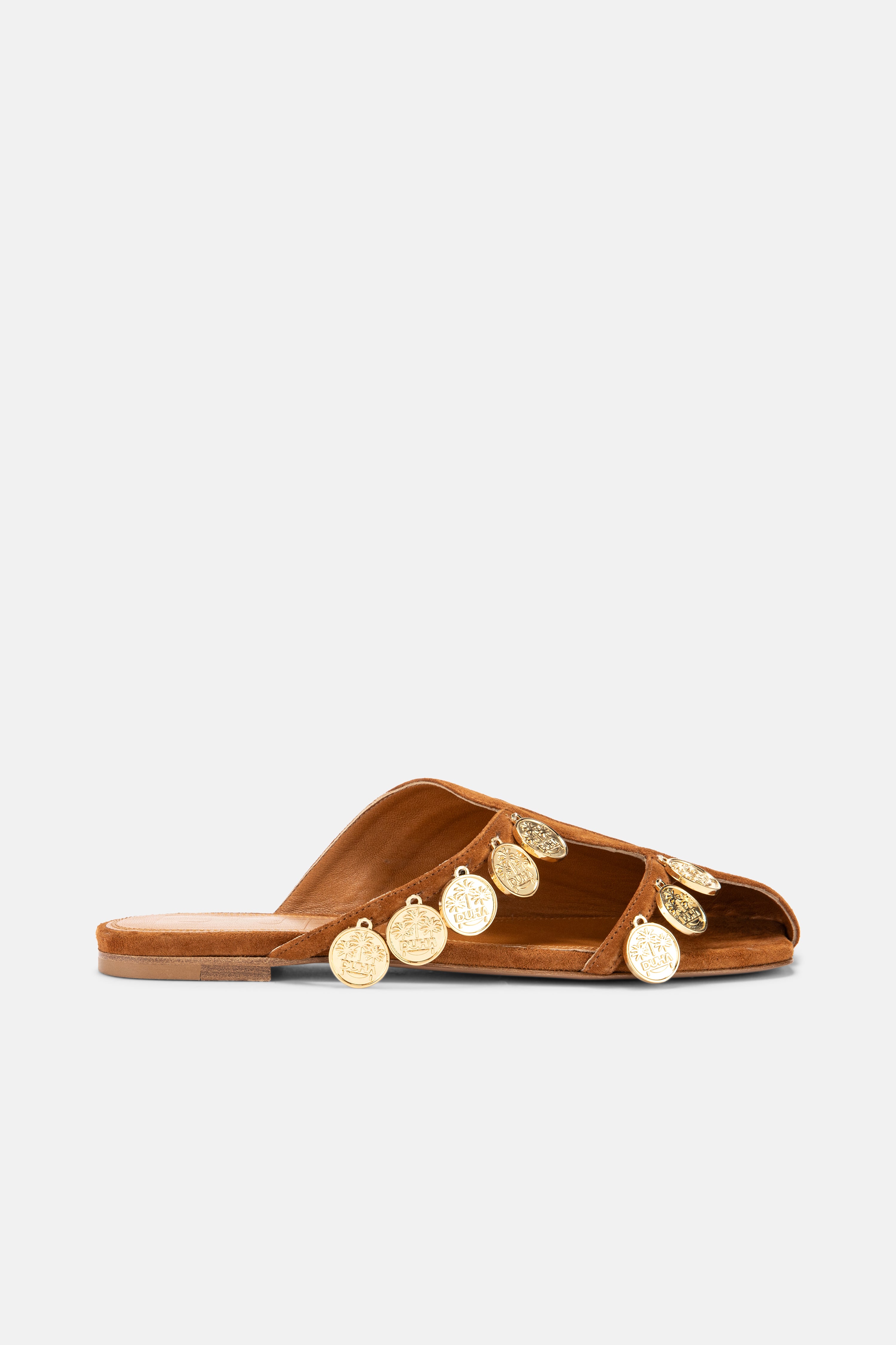 Side view of DUHA Beya Lira caramel suede coin-embellished flat mule
