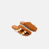 DUHA Beya Lira caramel suede coin flat mule pair — SS26 City Oasis collection