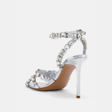 Back view of DUHA Cinderella showing crystal ankle strap and 95mm silver stiletto heel