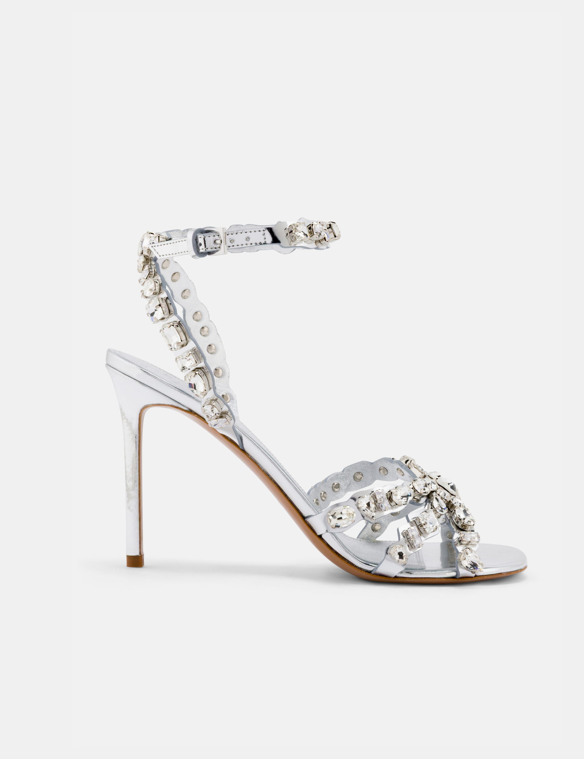 Side view of DUHA Cinderella transparent crystal strass  stiletto sandal — Italian bridal shoe