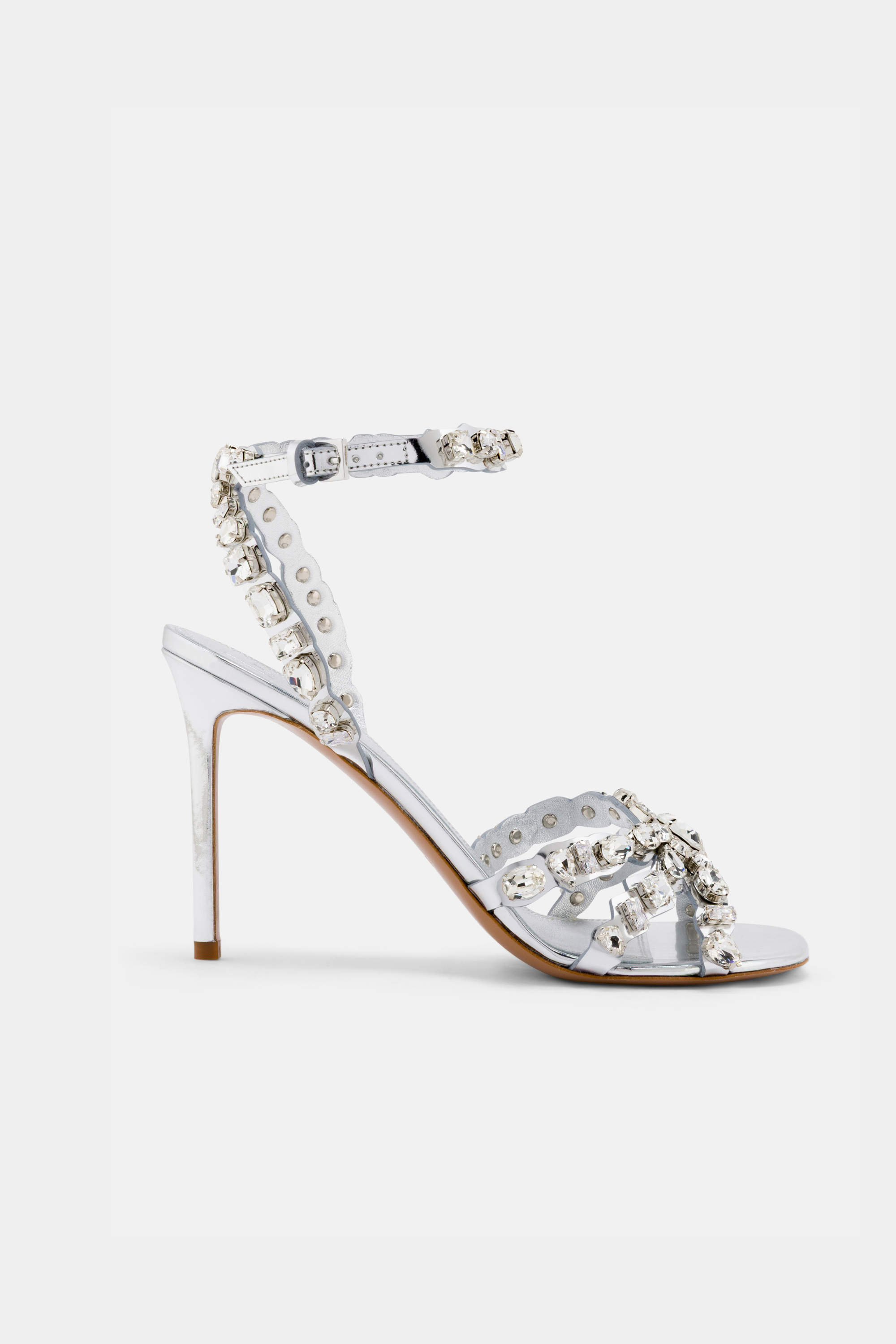 Side view of DUHA Cinderella transparent crystal strass  stiletto sandal — Italian bridal shoe