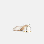 Back view of DUHA Finja platinum mule showing 7cm hand painted cylindrical heel