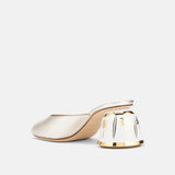 Back view of DUHA Finja platinum mule showing 7cm hand painted cylindrical heel
