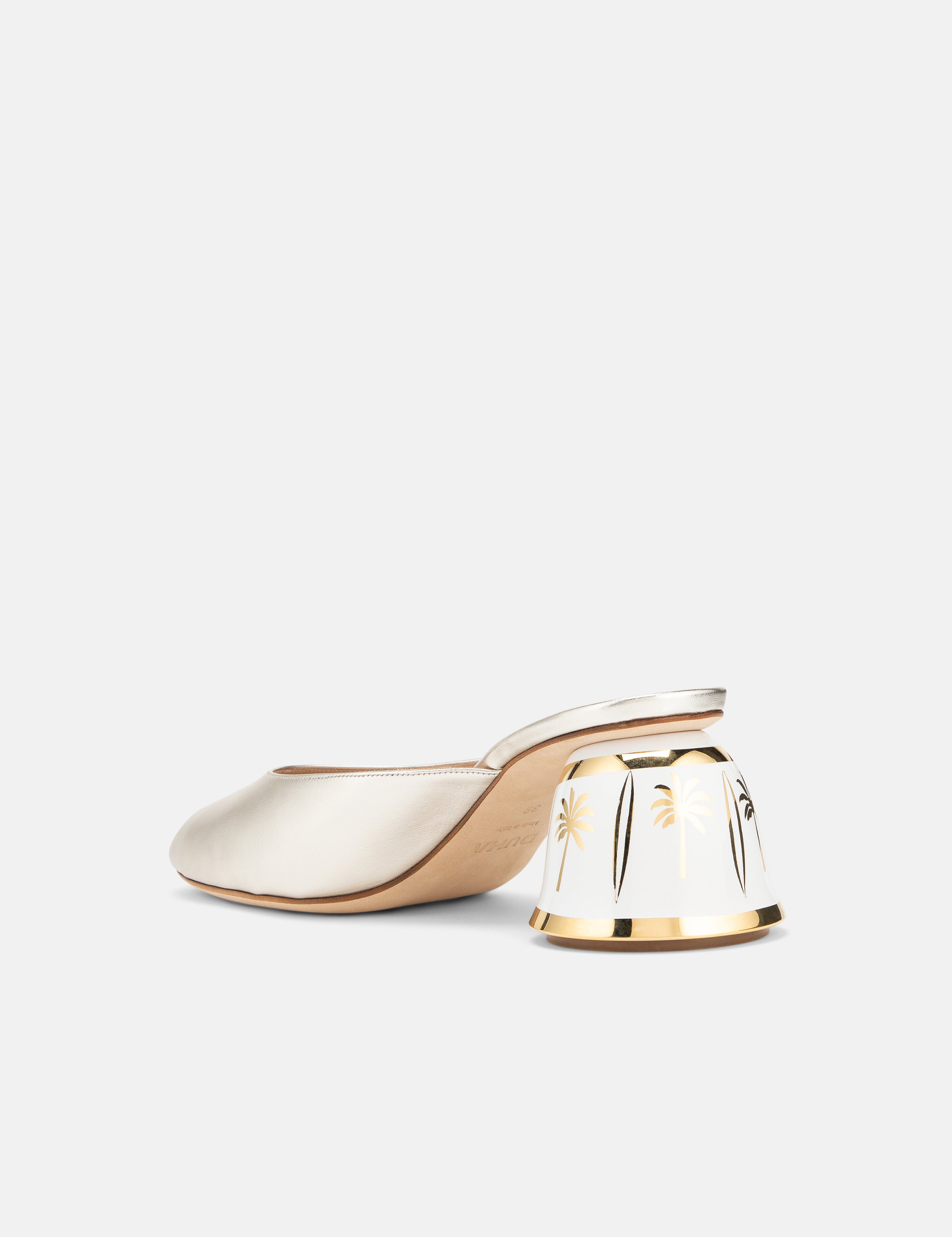 Back view of DUHA Finja platinum mule showing 7cm hand painted cylindrical heel