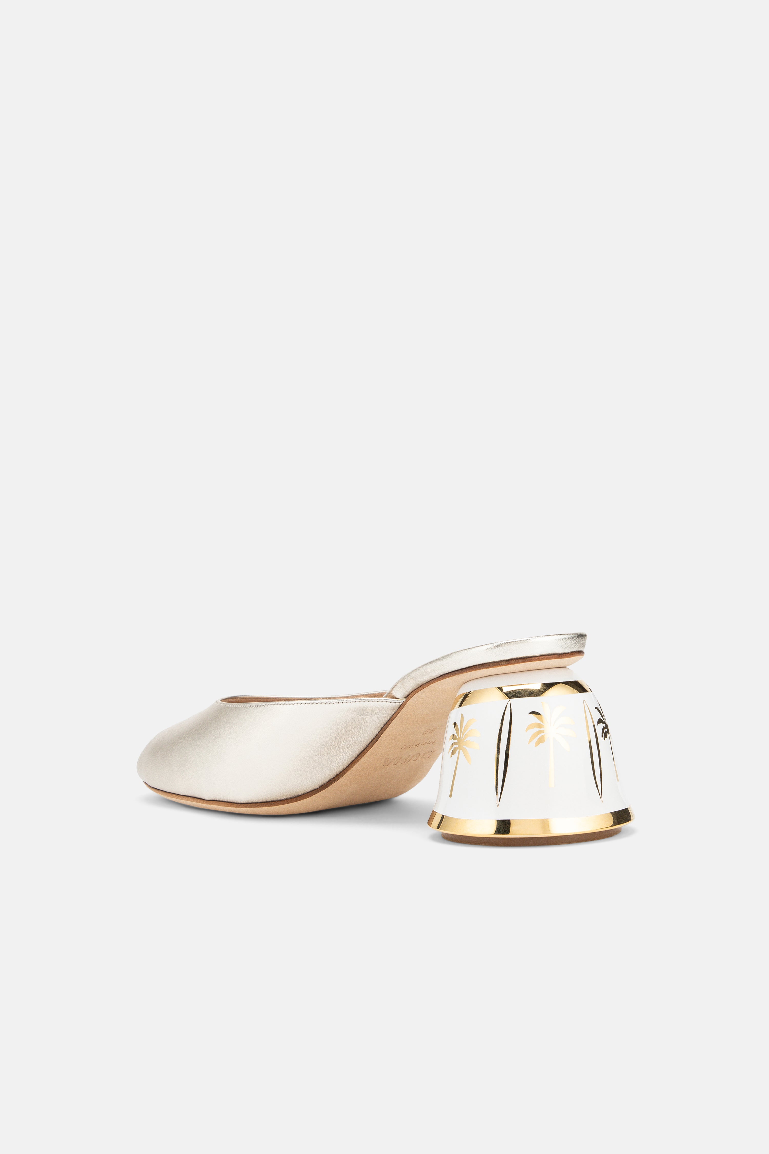 Back view of DUHA Finja platinum mule showing 7cm hand painted cylindrical heel
