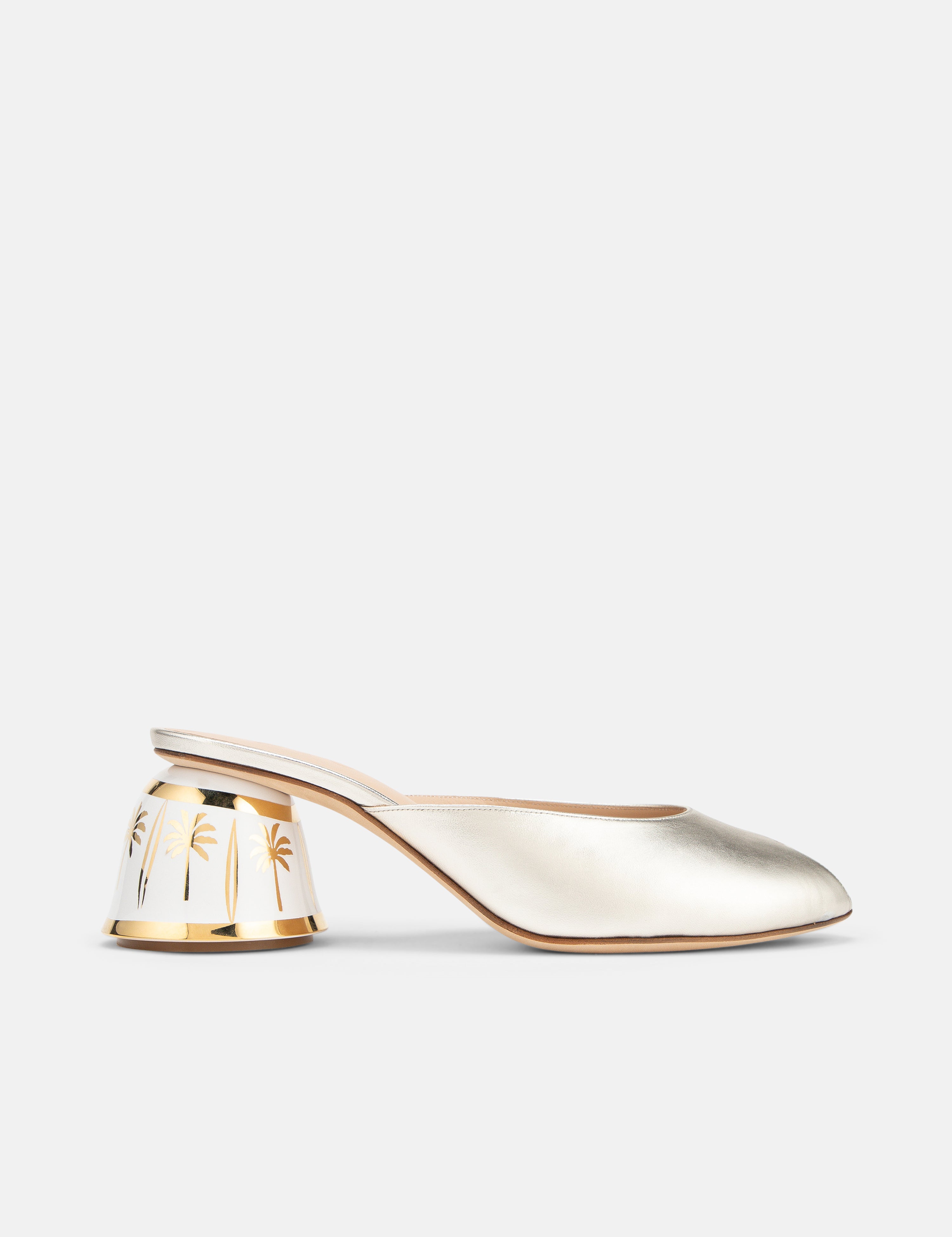 Side view of DUHA Finja platinum nappa leather block heel mule — Italian artisan shoe