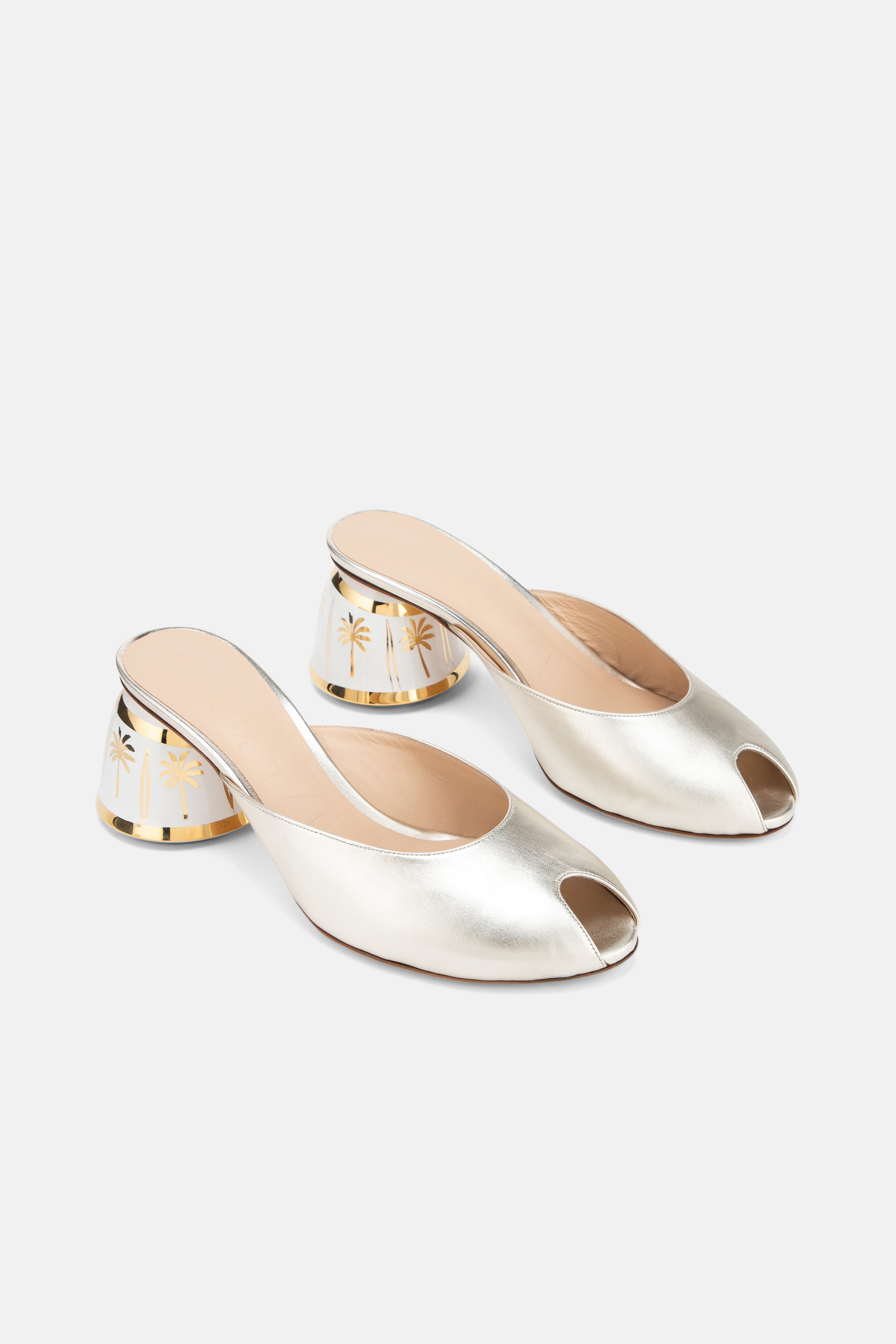 DUHA Finja platinum nappa hand-painted heel mule pair — SS26 City Oasis collection