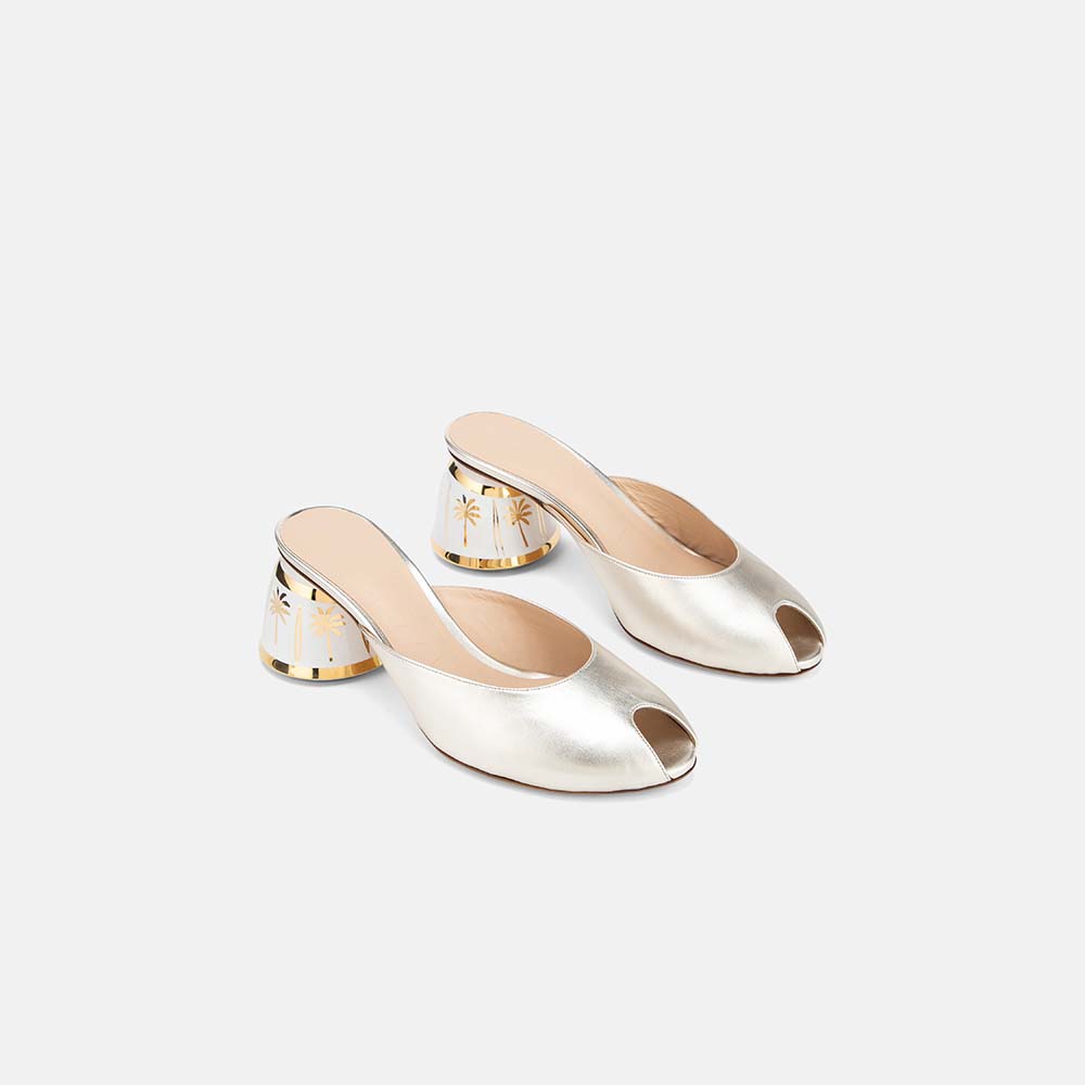 DUHA Finja platinum nappa hand-painted heel mule pair — SS26 City Oasis collection