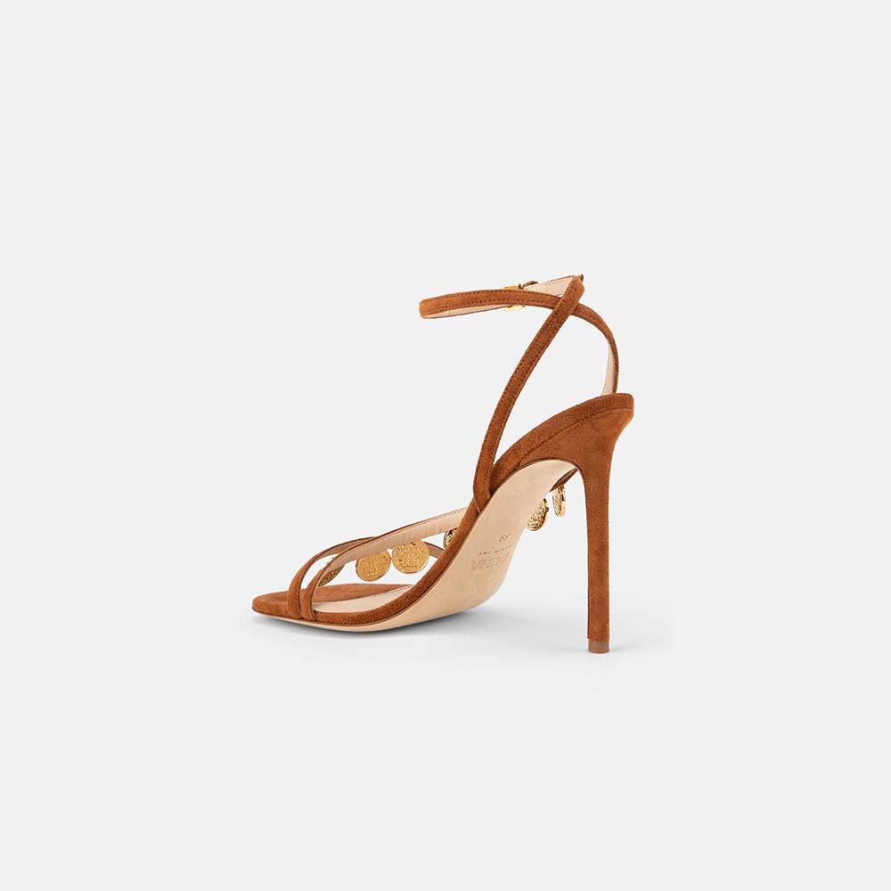 Back view of DUHA Lira Sandal caramel showing ankle strap  and coin-embellished heel