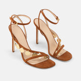 DUHA Lira Sandal caramel suede coin stiletto pair — SS26 City Oasis collection