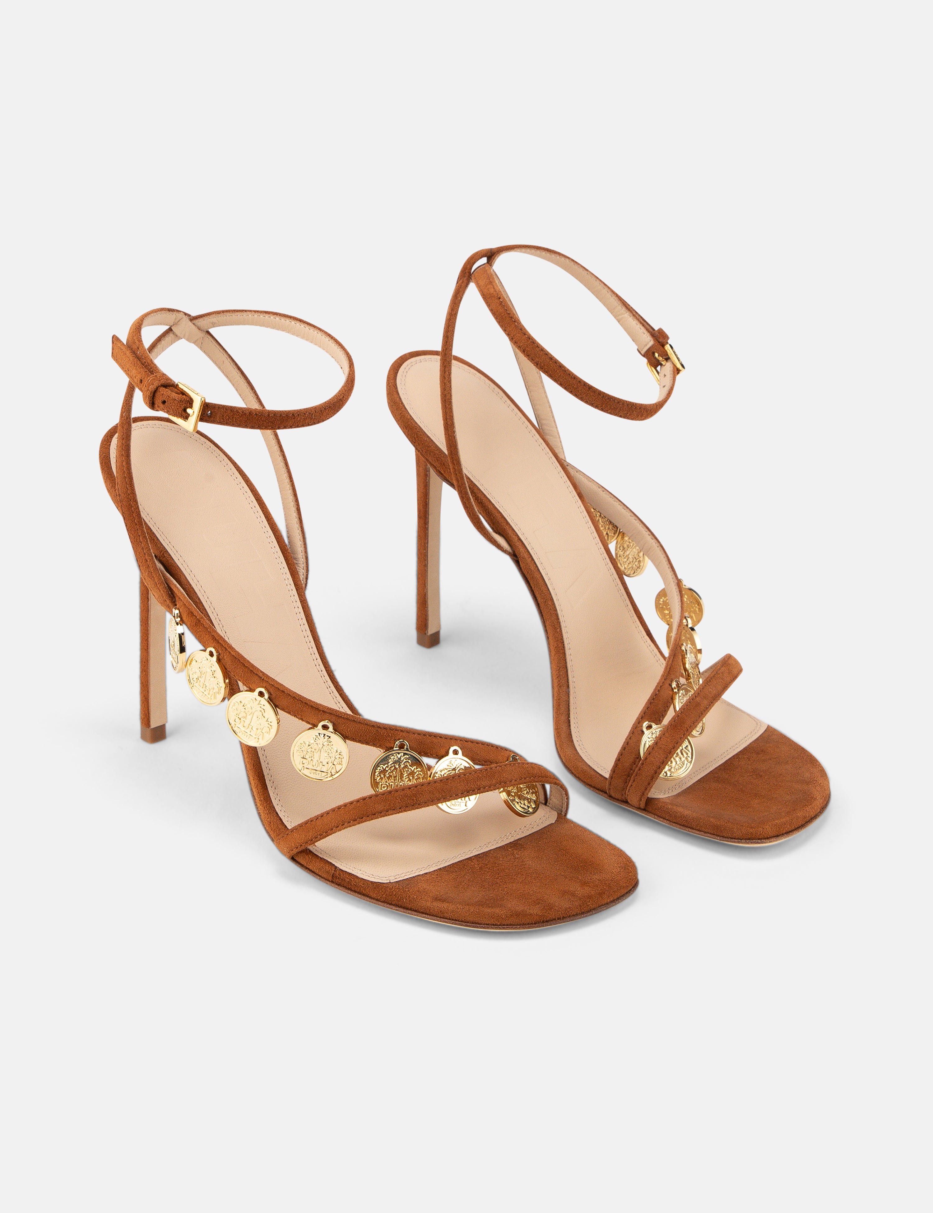 DUHA Lira Sandal caramel suede coin stiletto pair — SS26 City Oasis collection