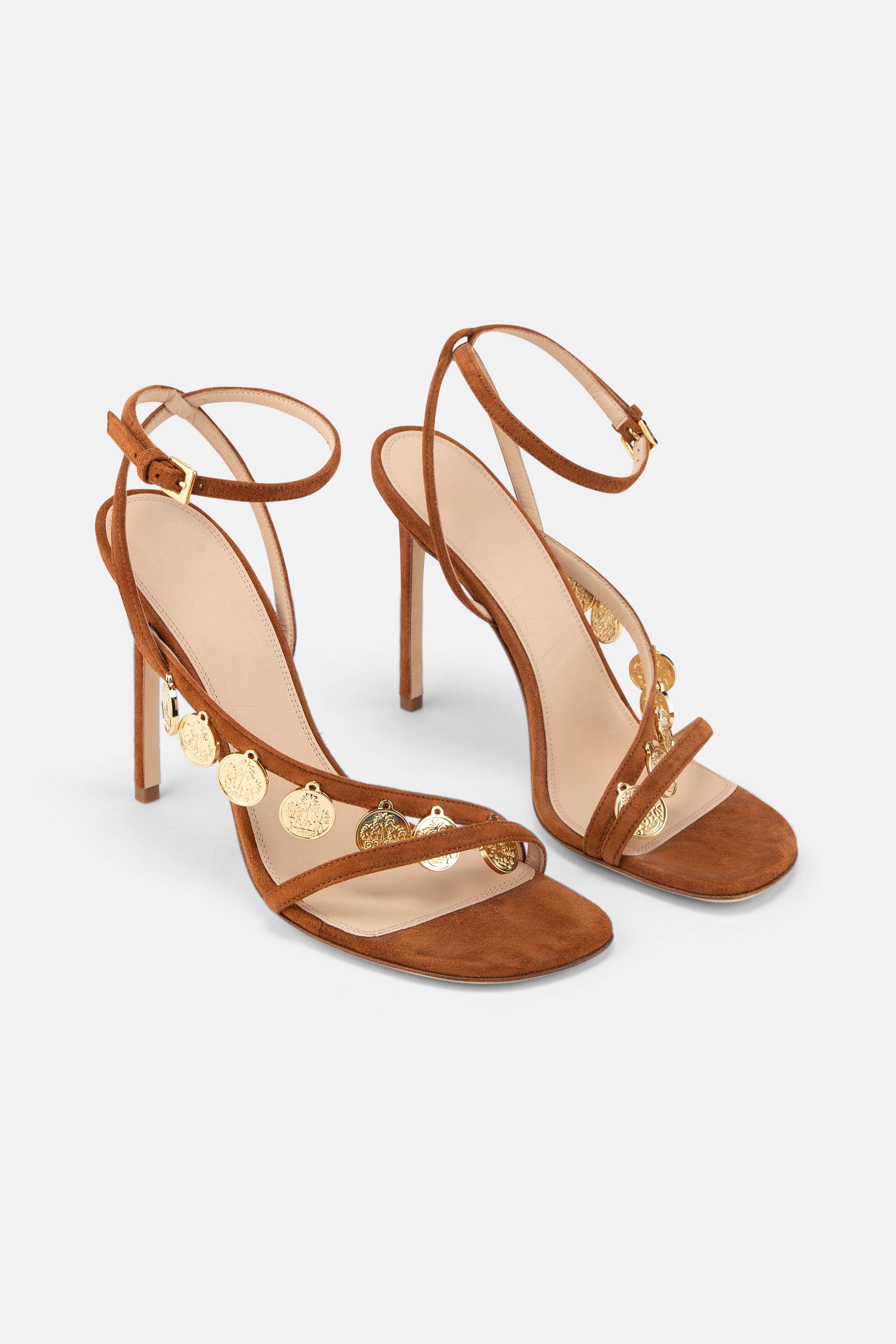 DUHA Lira Sandal caramel suede coin stiletto pair — SS26 City Oasis collection
