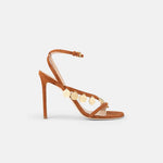 Side view of DUHA Lira Sandal caramel suede coin embellished stiletto sandal